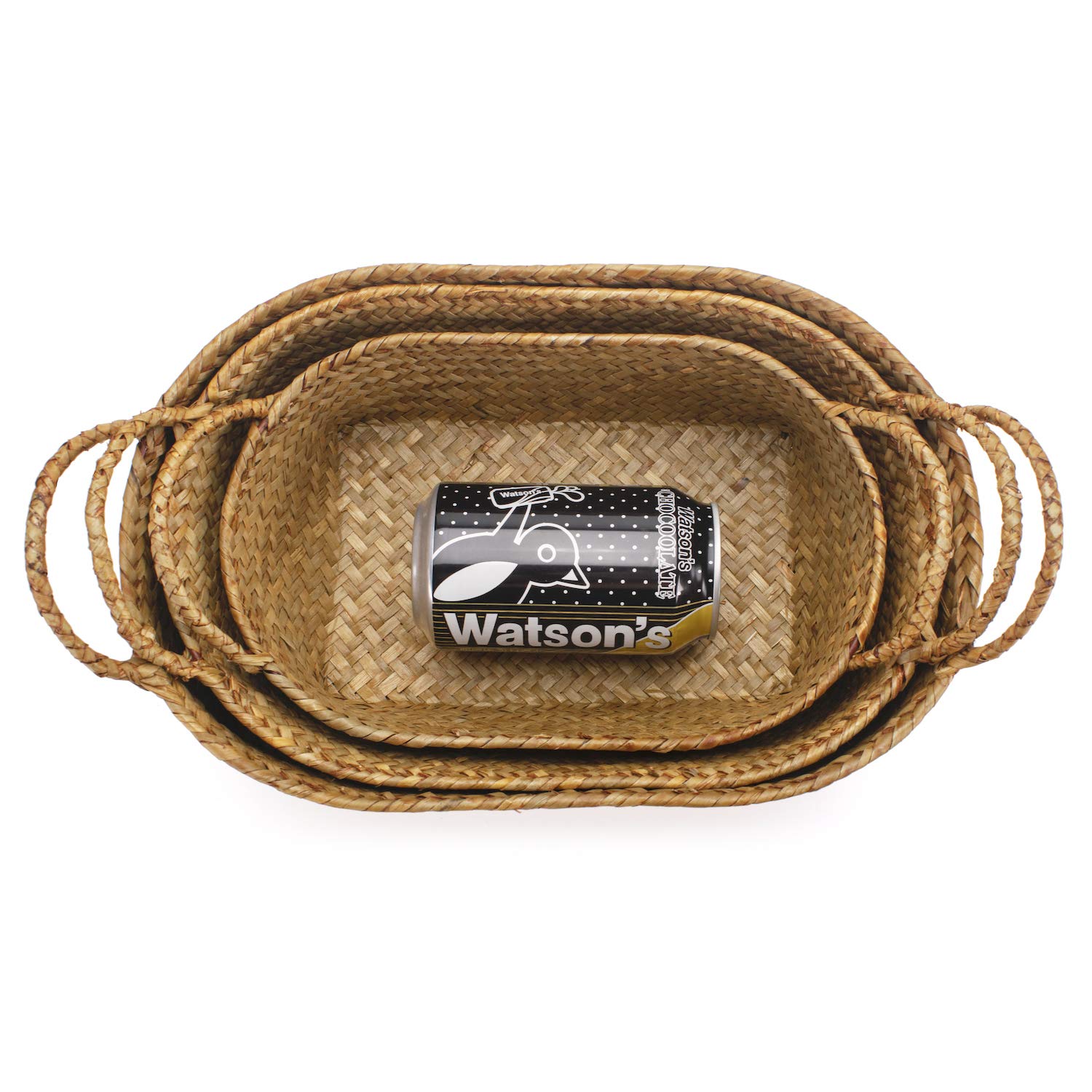 Whitewash Seagrass Woven Baskets for Storage Natural Shelf Basket with Handle for Organizer Stackable Oval Set of 3 (Large+Medium+Small)