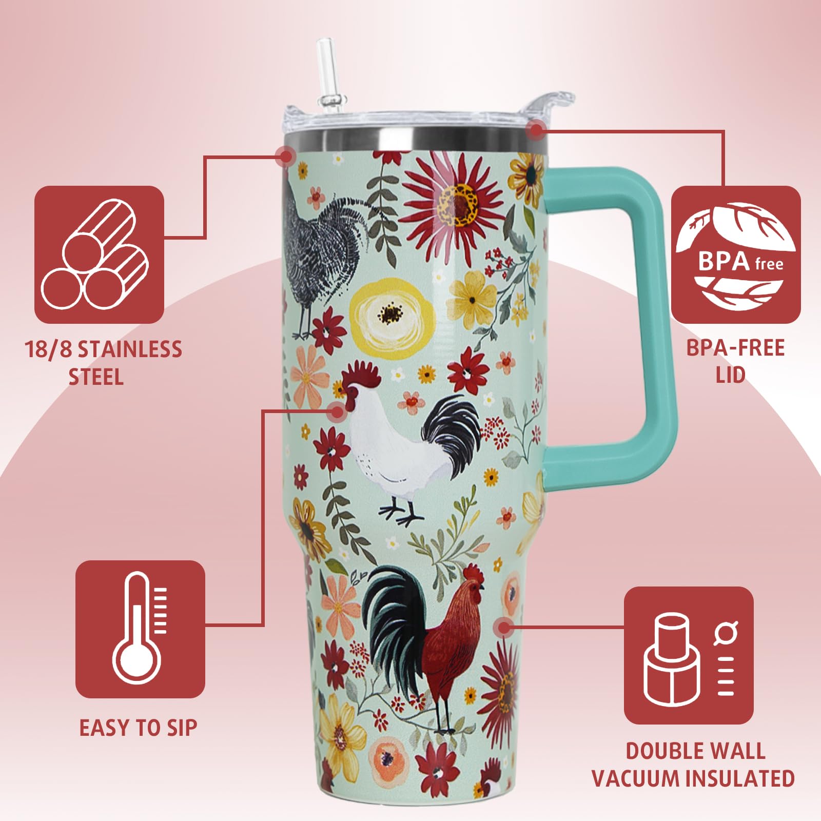 Nqhsionv Chicken Tumbler with Handle and Straw 40 oz Chicken Floral Cup Rooster Coffee Travel Mug Stainless Steel Insulated Wate