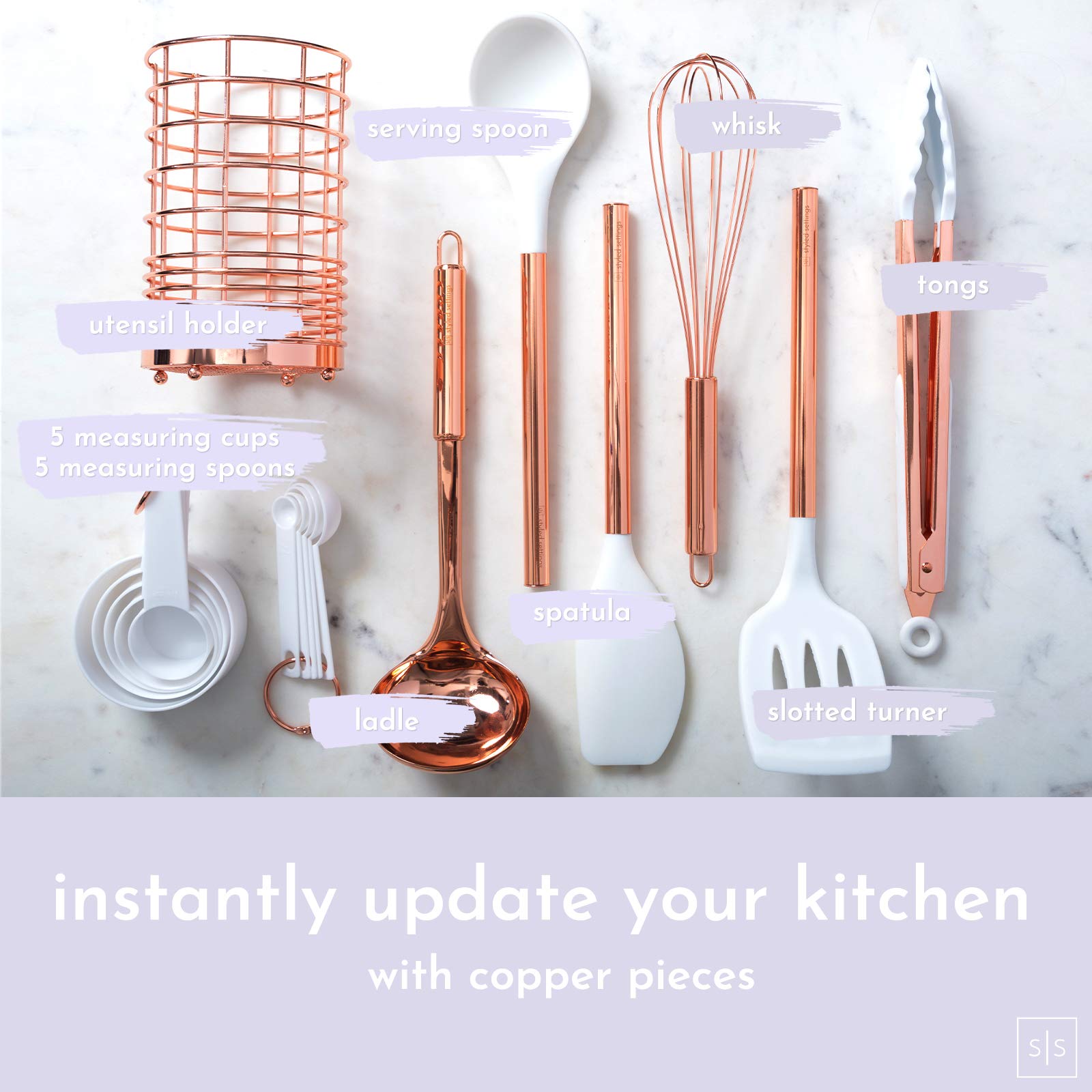 White Silicone & Copper Kitchen Utensils Set With Holder - 17 Pc Rose Gold Kitchen Utensils Set Includes White & Copper Measurin