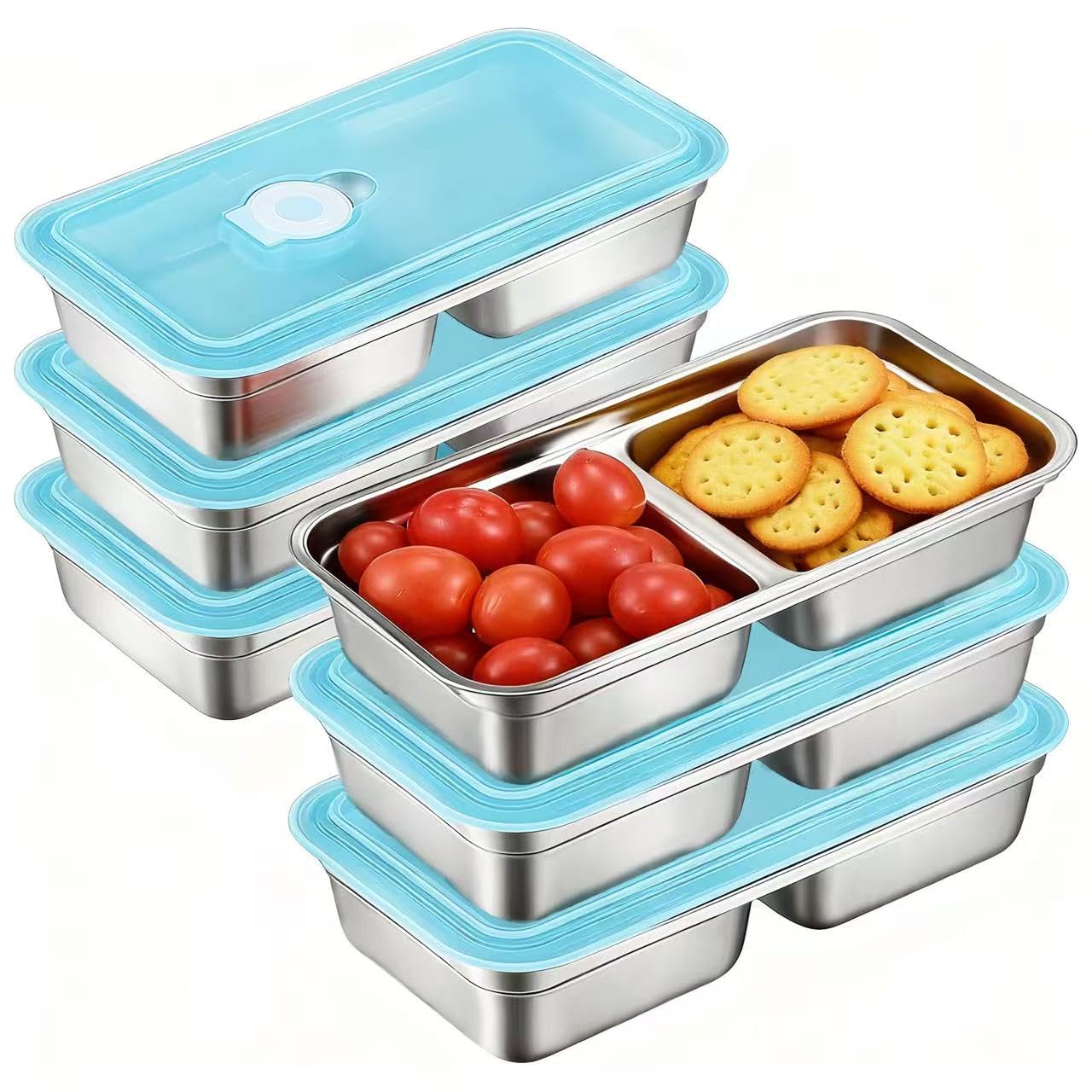 6 Pack Stainless Steel Snack Containers with Lids, Reusable Grab and Go Containers, Dual Compartment Bento Box for Meal Prep, Tr
