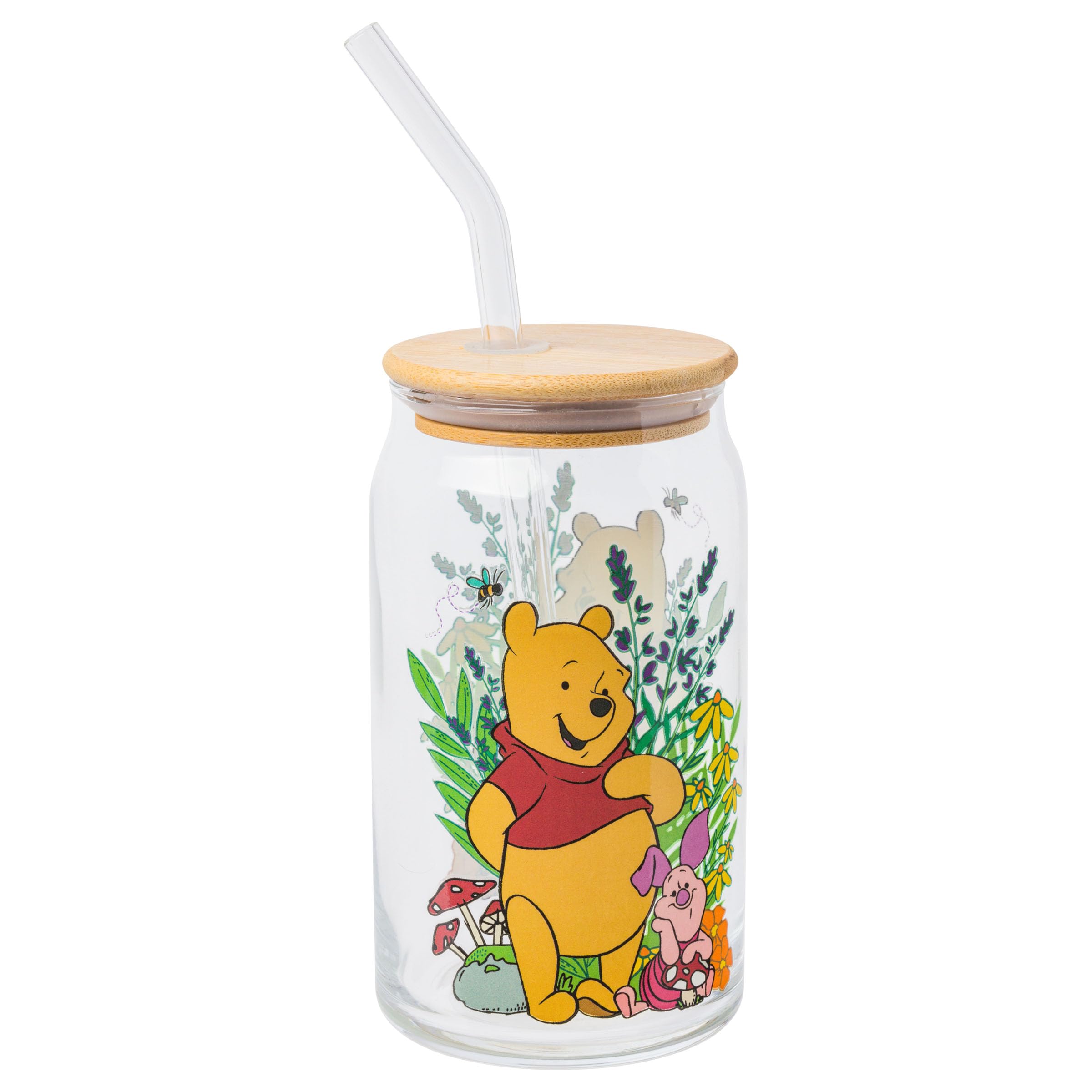 Silver Buffalo Disney Winnie The Pooh And Piglet Garden Glass Jar Tumbler With Bamboo Lid And Glass Straw, 16 Ounces