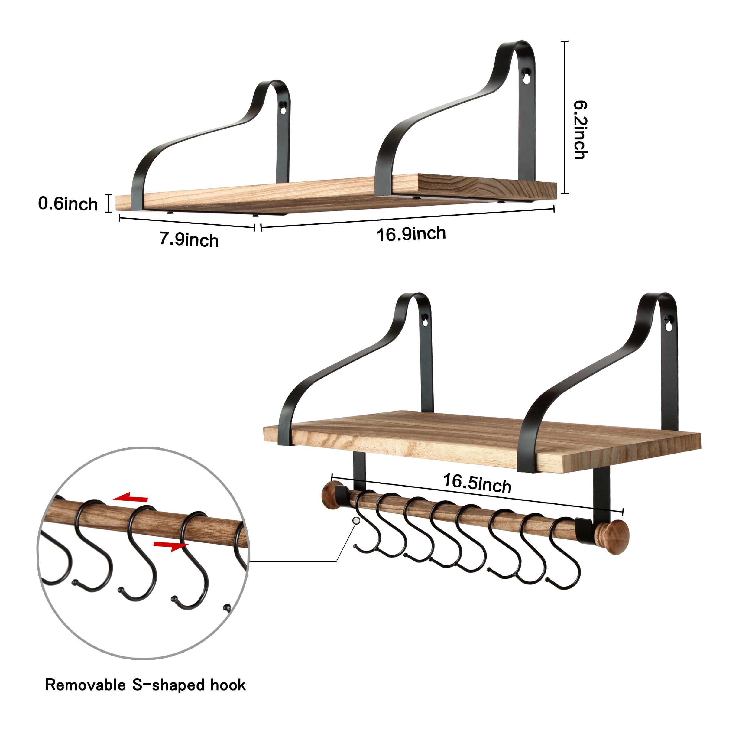 Gurfury Wooden Hanging Pot Rack With 8 Hooks - Farmhouse Style Wall Mount Multifunctional Cookware Organizer Rack Kitchen Storag