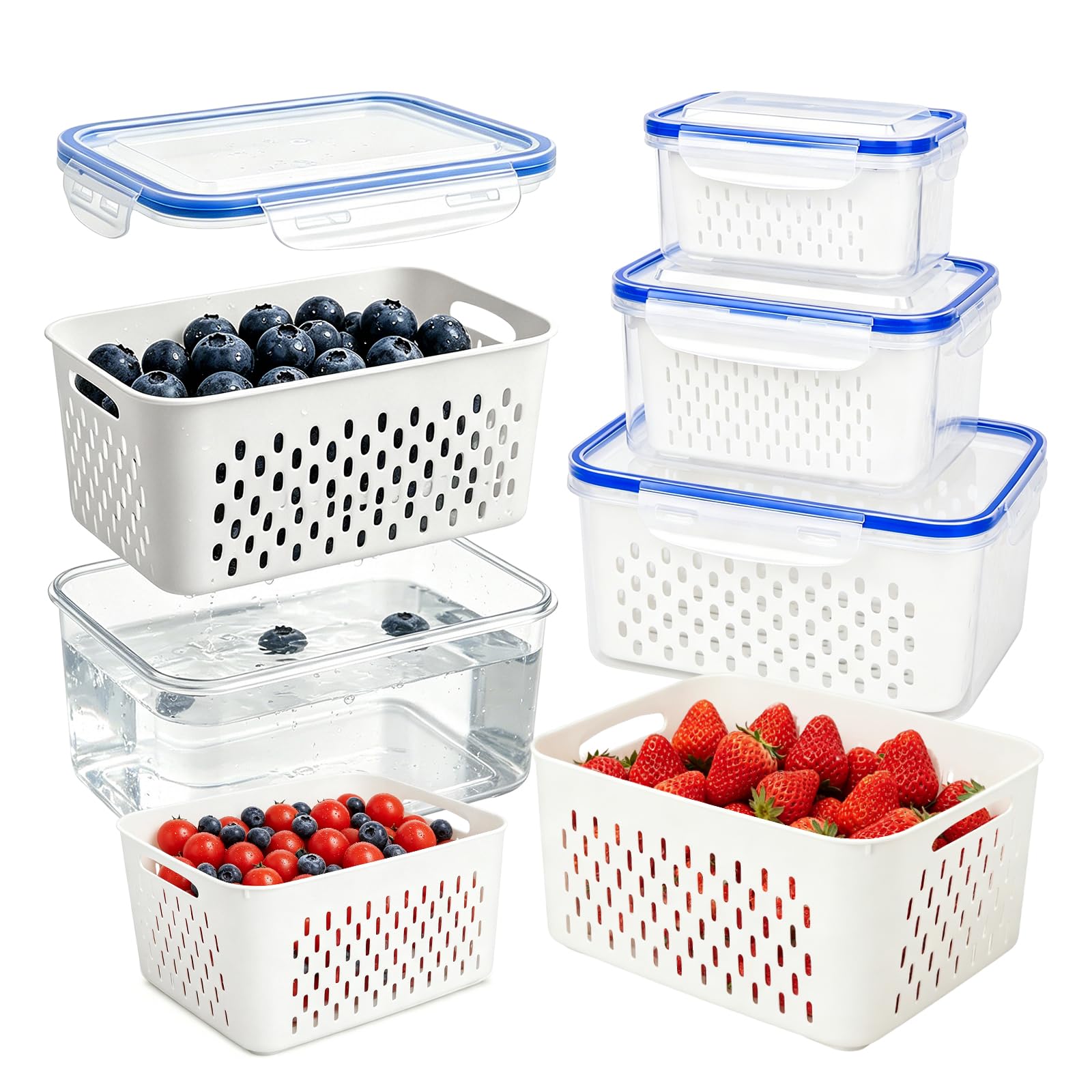 Fruit Containers 3Pcs with Removable Colanders & Lids, Fridge Fresh Storage