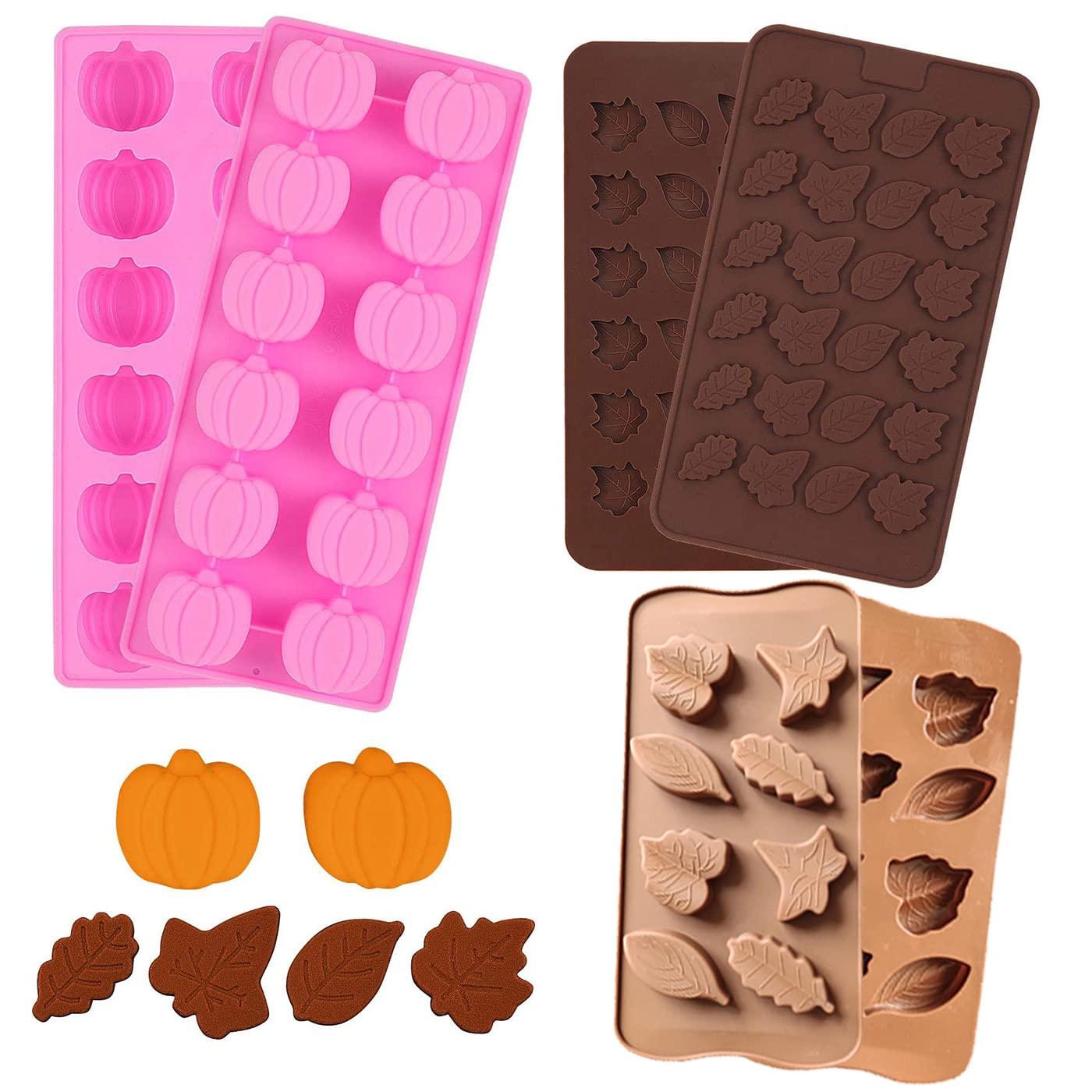 Sagooits 4 Pieces Fall 3D Mini Pumpkin Maple Leaves Shapes Silicone Molds, 12 Shapes Maple Leaf Pumpkin Mold Tray For Halloween