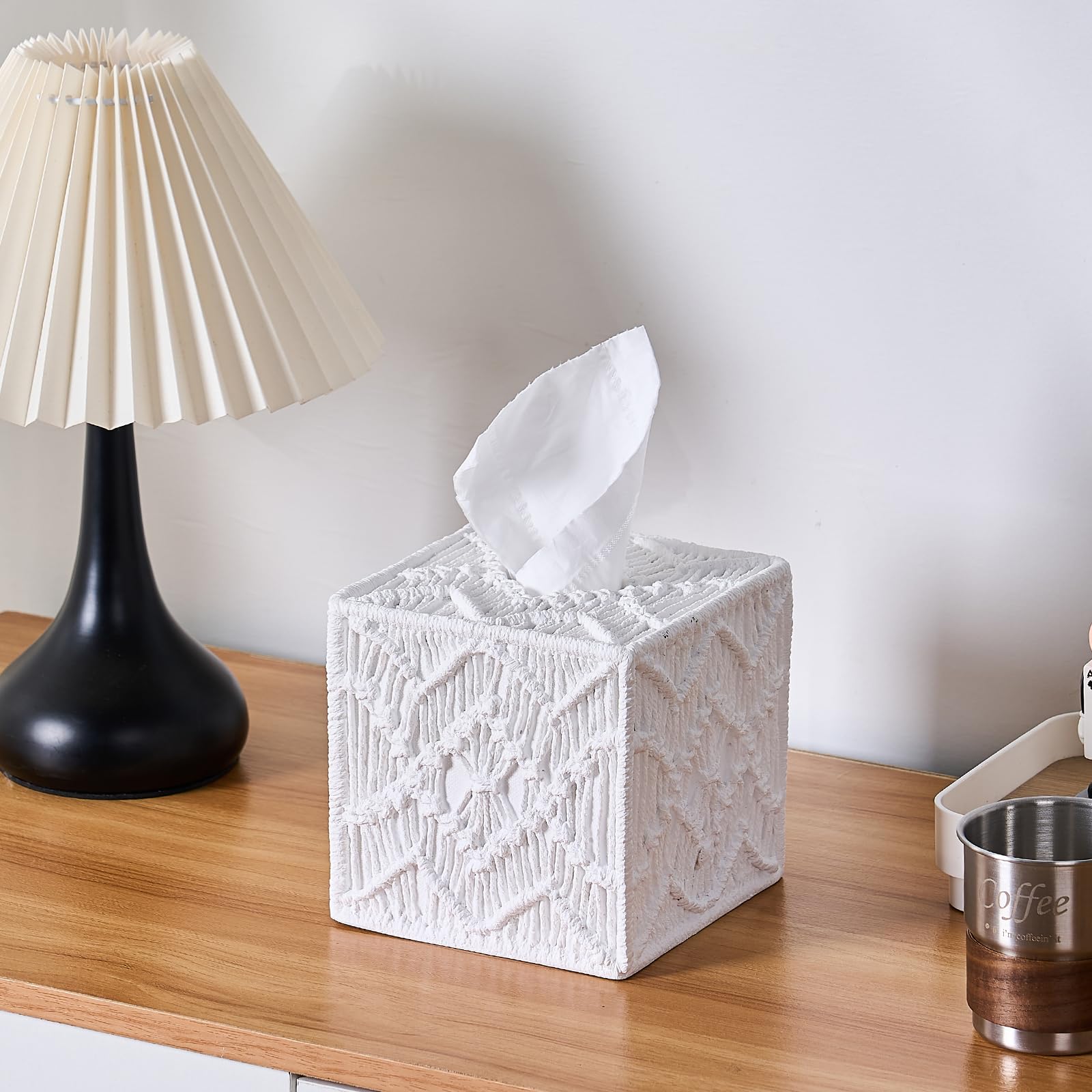 Boho Tissue Box Cover Macrame Square For Home Decor,Resin Heavy Woven Tissue Box Holder For Bathroom Countertop,Bedroom, Living