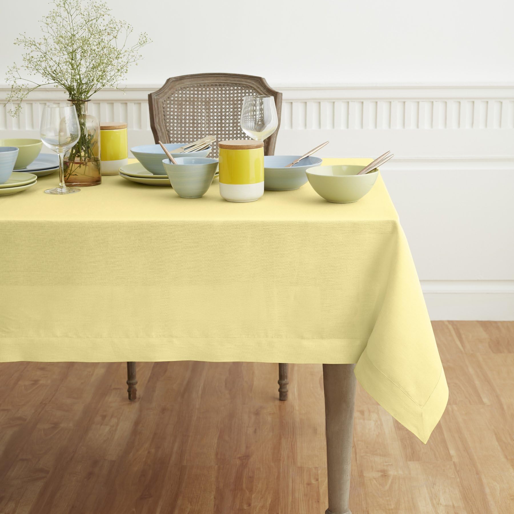 Solino Home Yellow Linen Tablecloth 132'' L X 60'' W Inch - Fete, 100% Pure Linen Table Cloth For Rectangle Tables - Machine Was