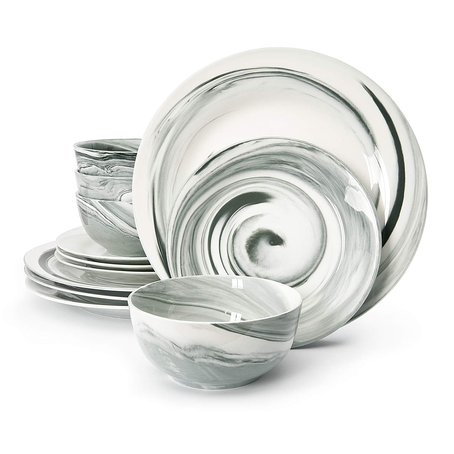 Divitis Home Fusion Porcelain Dinnerware Set 12 Piece, Black Round Plates (Soup Bowls, Dinner Plates, Salad Plates), Dish Set, D