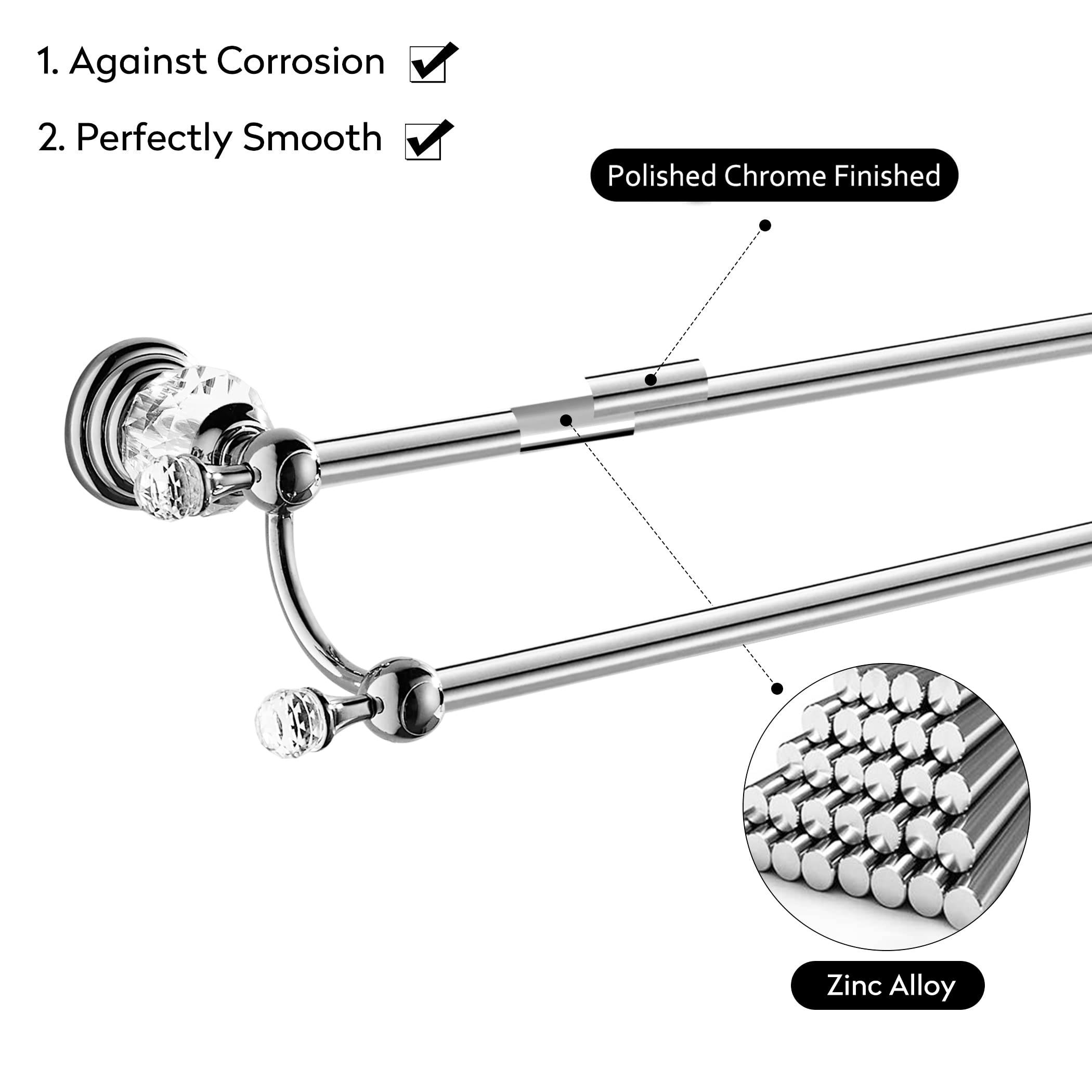 WINCASE Chrome Towel Bar  Adjustable Double Towel Holder  Silver Crystal Bathroom Towel Racks Wall Mounted