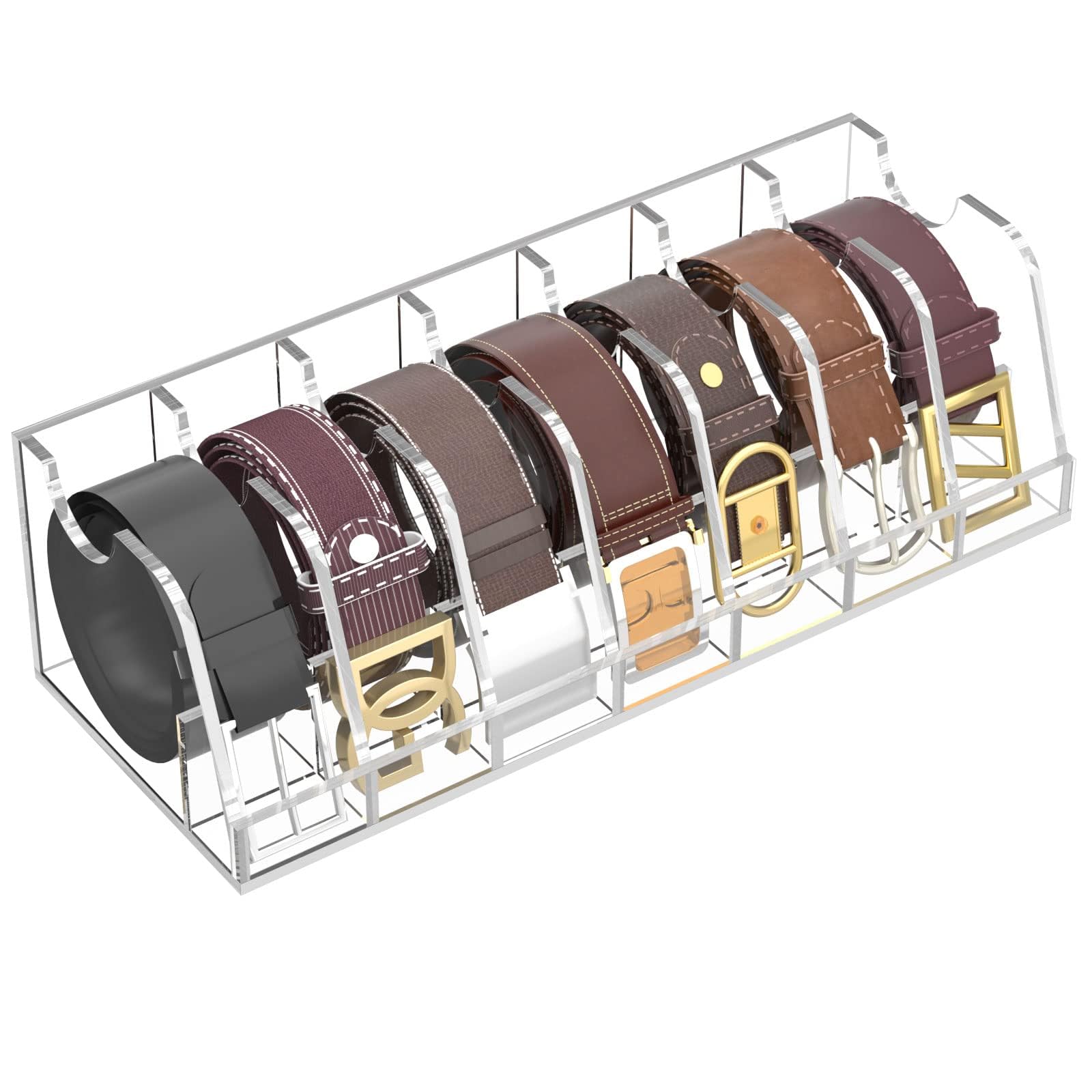 Niubee Belt Organizer, Acrylic Belt Storage Holder For The Closet And Drawer, 7 Compartments Belt Box With Display Stand