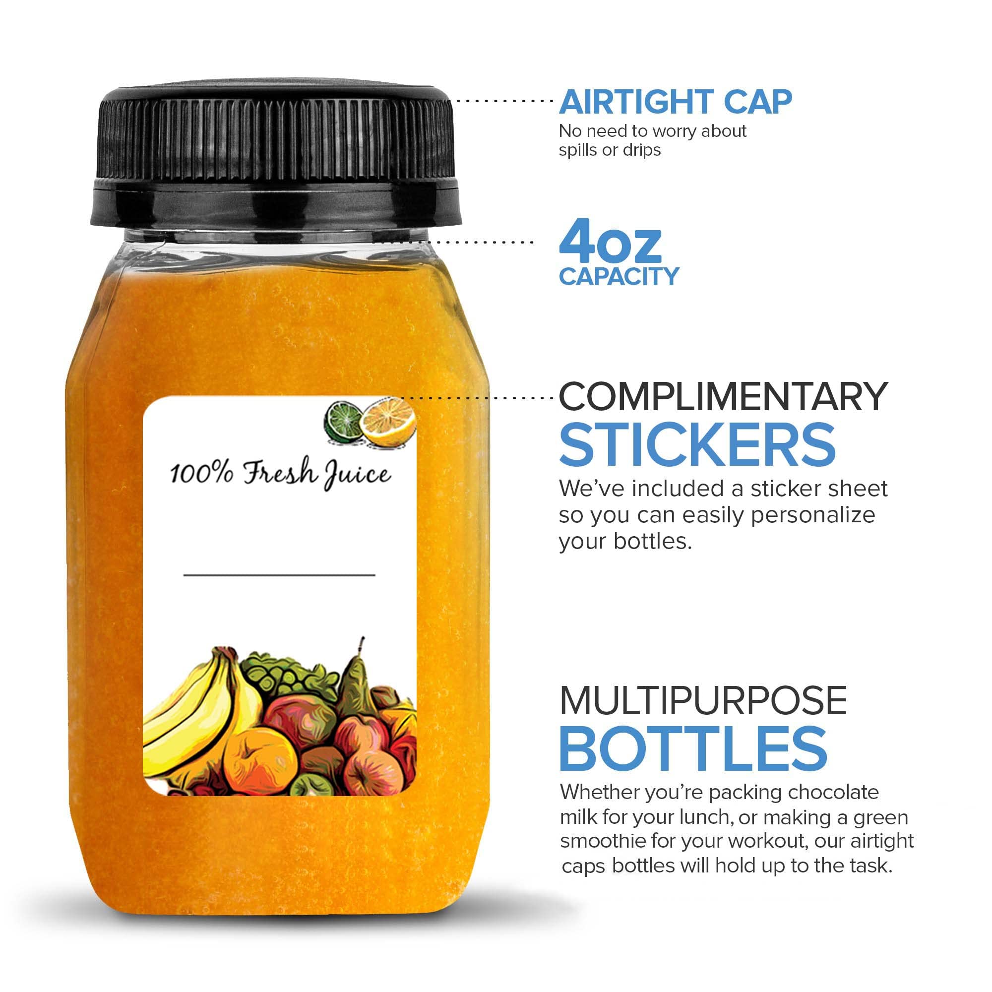 4 Ounce Mini Bottles For Mini Fridge, Reusable Juice Containers With Black Caps For Liquids In Kids Lunch Box, Clear Plastic Wit