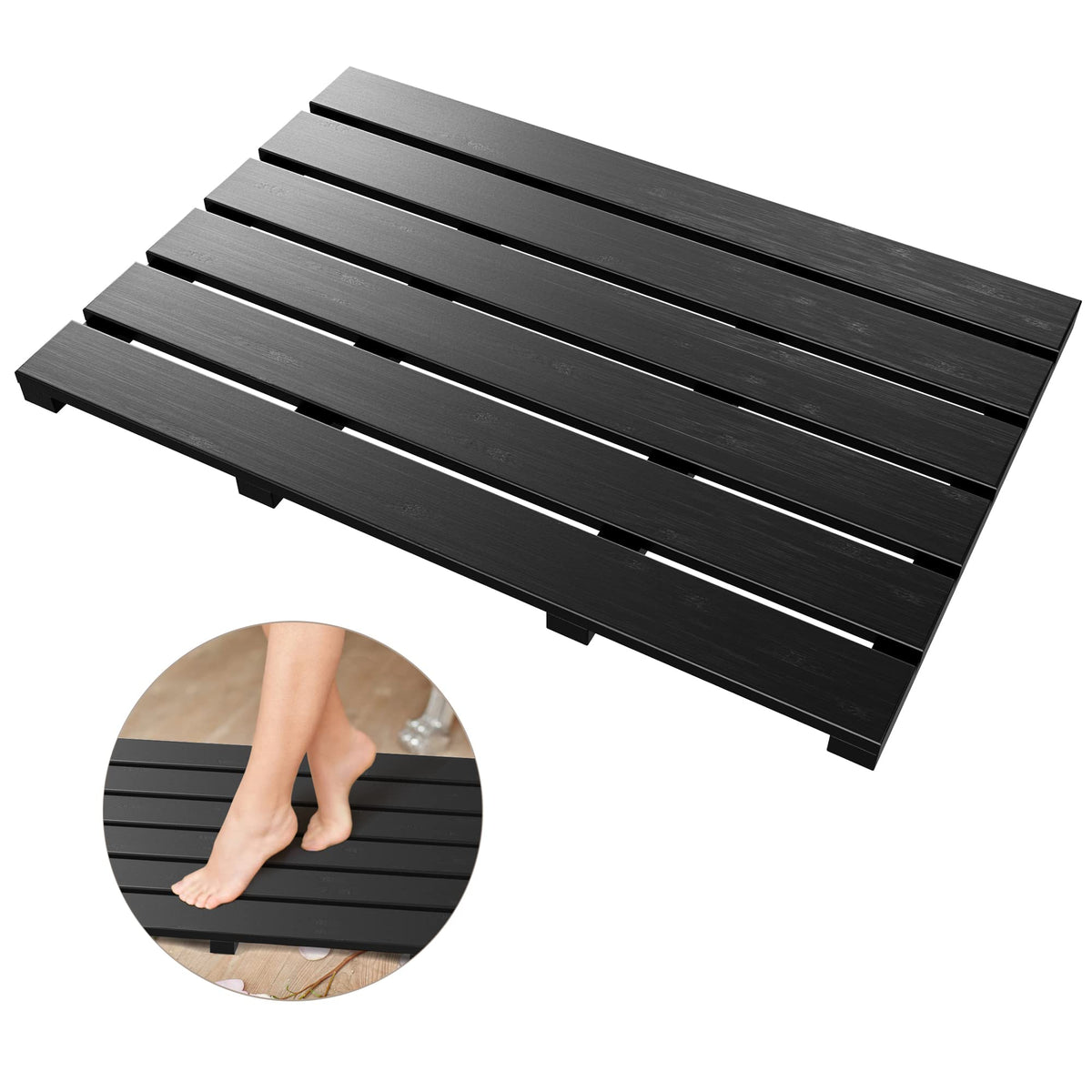 Bath Mat For Bathroom Luxury Shower - Non-Slip Bamboo Wooden Waterproof Floor Mat For Indoor Or Outdoor Use(Black)