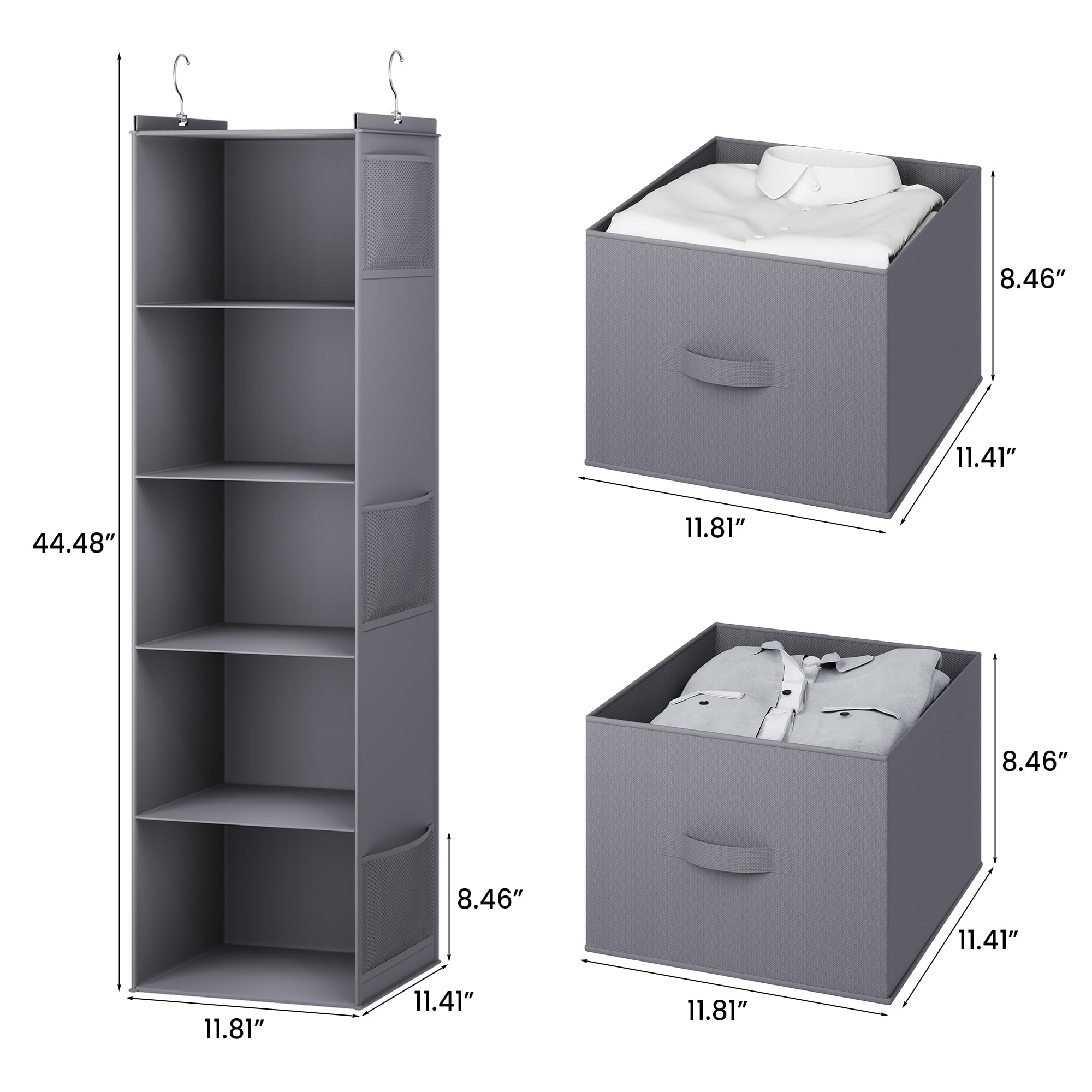 Youdenova Hanging Closet Organizer, 5 Tier Hanging Closet Shelves With Drawers And 6 Side Pockets, Grey