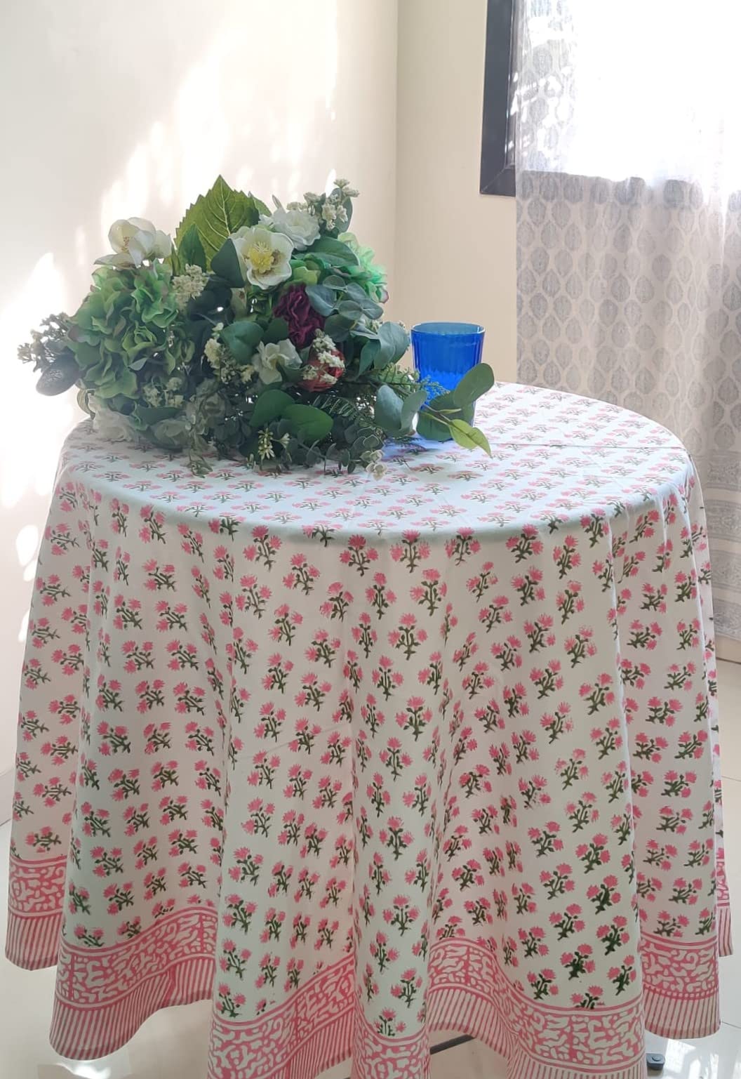 Atosii Gulbahar White Pink 100% Cotton Spring Summer Round Tablecloth, Block Print Table Cloth For Dining, Weddings, Outdoors, P