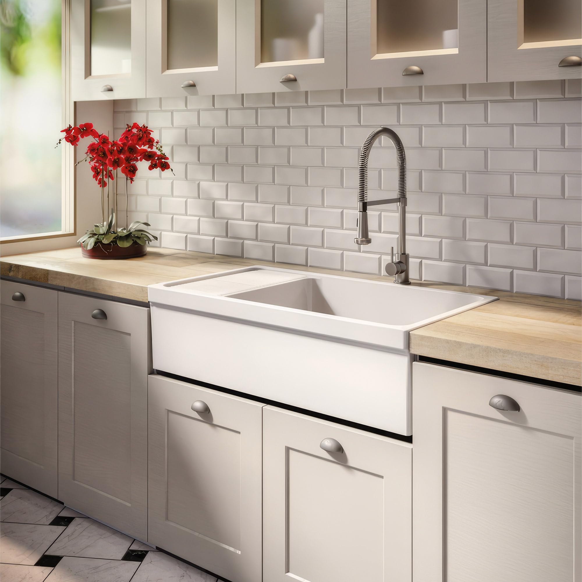 Whitehaus Collection Whqd540-M-White Quatro Alcove Kitchen, Fireclay, Front Apron Sink, Matte, White