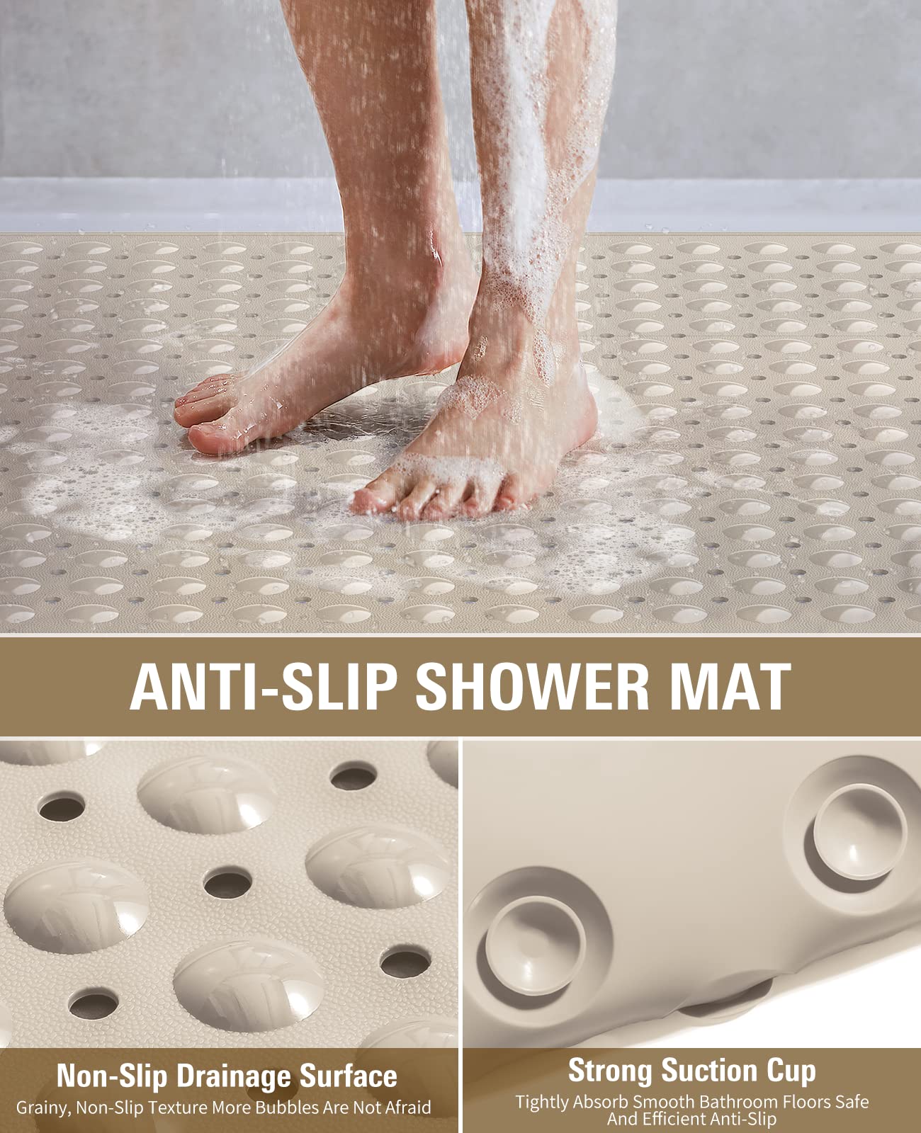 Yolife Extra Large Tpe Shower Mat, 47.2'' L X 31.5'' W Anti Slip Bath Mat With Drain Holes And Suction Cups, Large Size Mat More