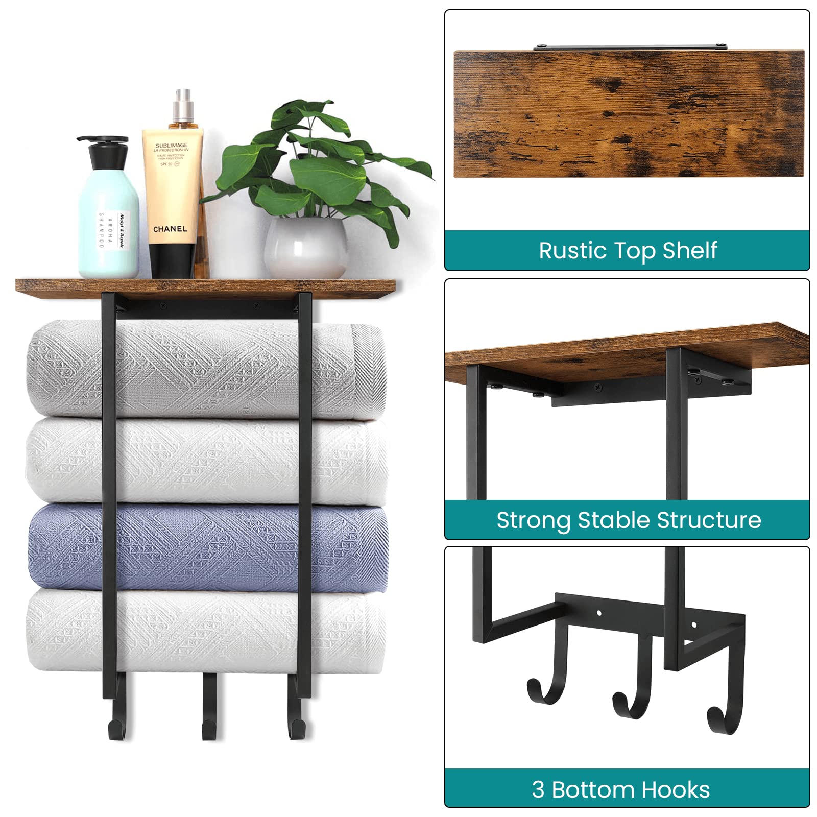 Eliteroo Towel Racks For Bathroom Wall Mounted, Towel Holder With Wooden Shelf And 3 Hooks For Washcloths Hand Towel, Bath Towel