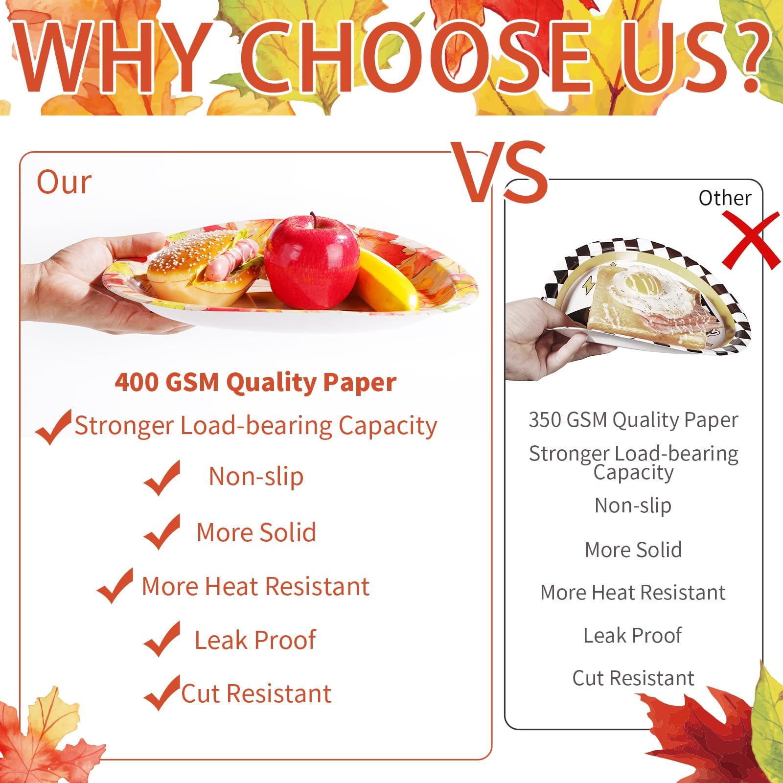 50Pcs Fall Maple Leaf Oval Paper Plates 10 x 12 Large Disposable Heavy Duty Fall Leaves Wooden Grain Platters Autumn Maple Leaf