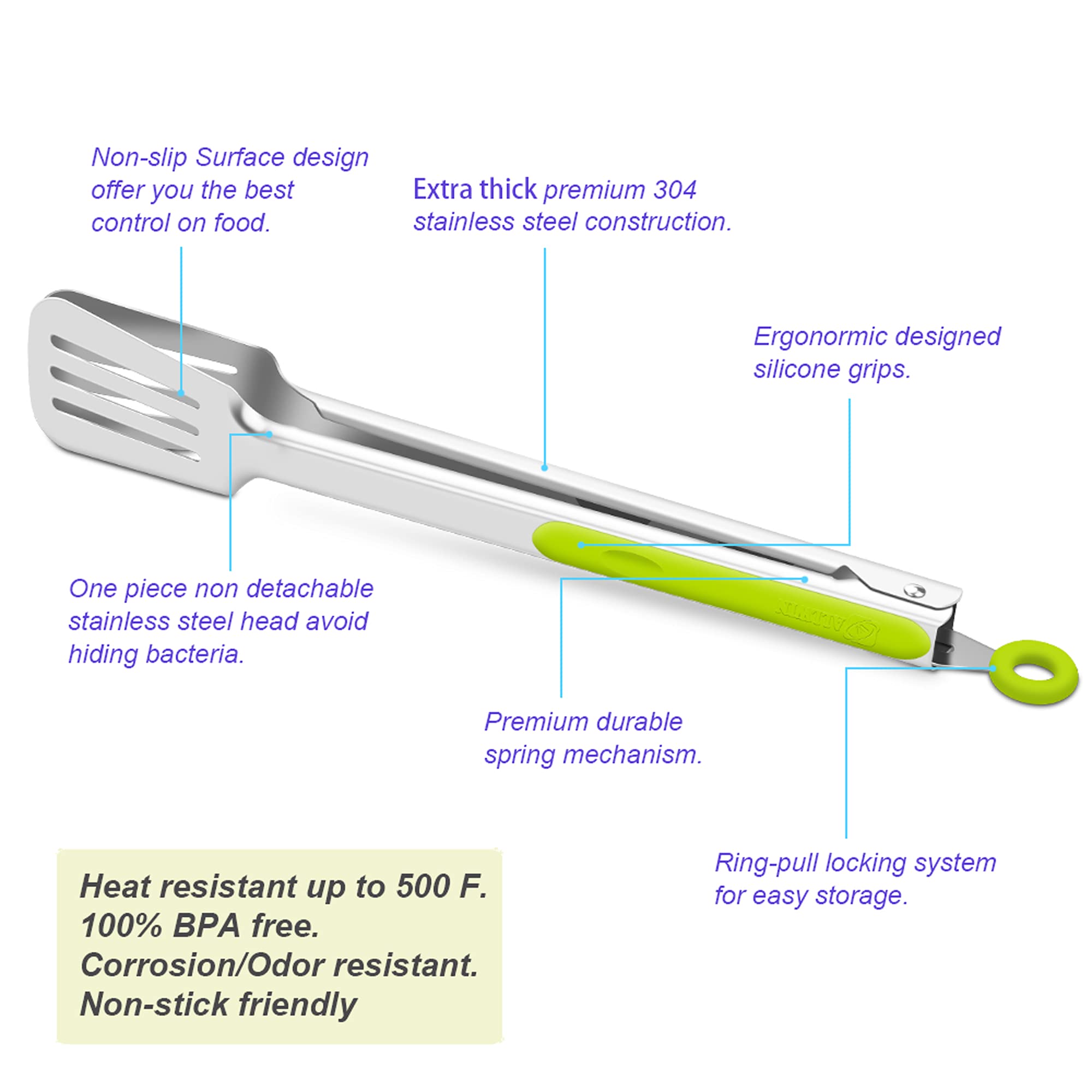 Premium 304 Stainless Steel Barbecue Turners, Heavy Duty Non-Stick Bbq Cooking Kitchen Tongs, 9'' And 12'' Green