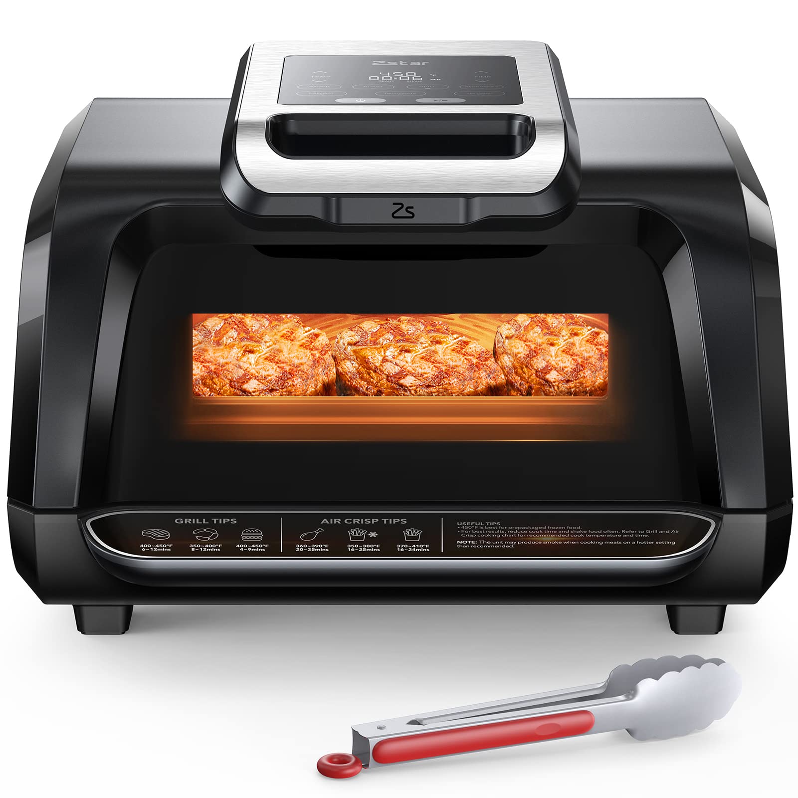 Zstar Indoor Grill Air Fryer Combo with See-Through Window, 7-in-1 Smokeless Electric Air Grill up to 450F, 1750W Contact Grill 