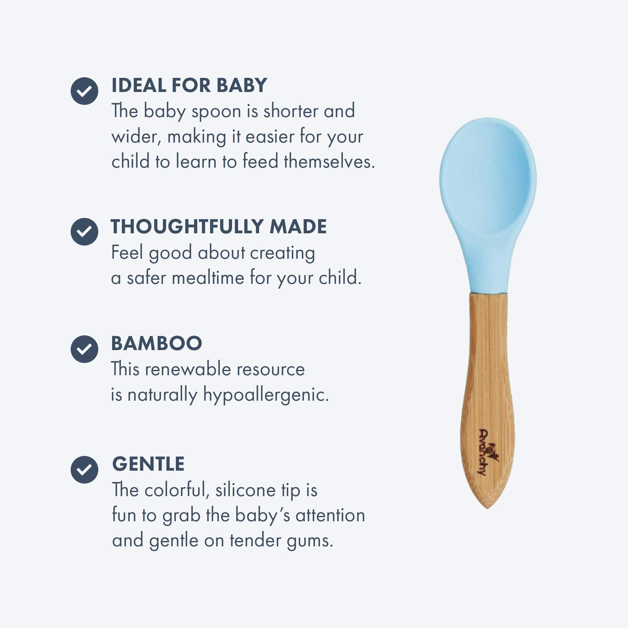 Avanchy Baby Spoons Bamboo and Silicone Set  Self Feeding Food Utensils  4 Months Baby Led Weaning  2 Pack