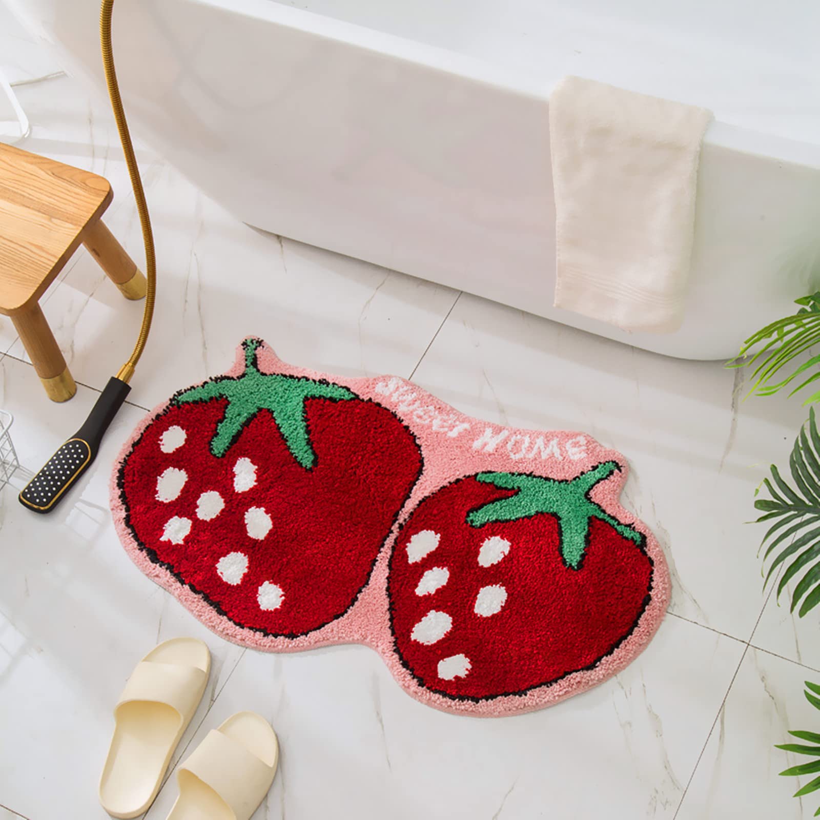 Ukeler Cute Strawberry Shape Bathroom Rug For Kids Non Slip Absorbent Bath Mat Washable Shaggy Kids Bedroom Decor Bathroom Door