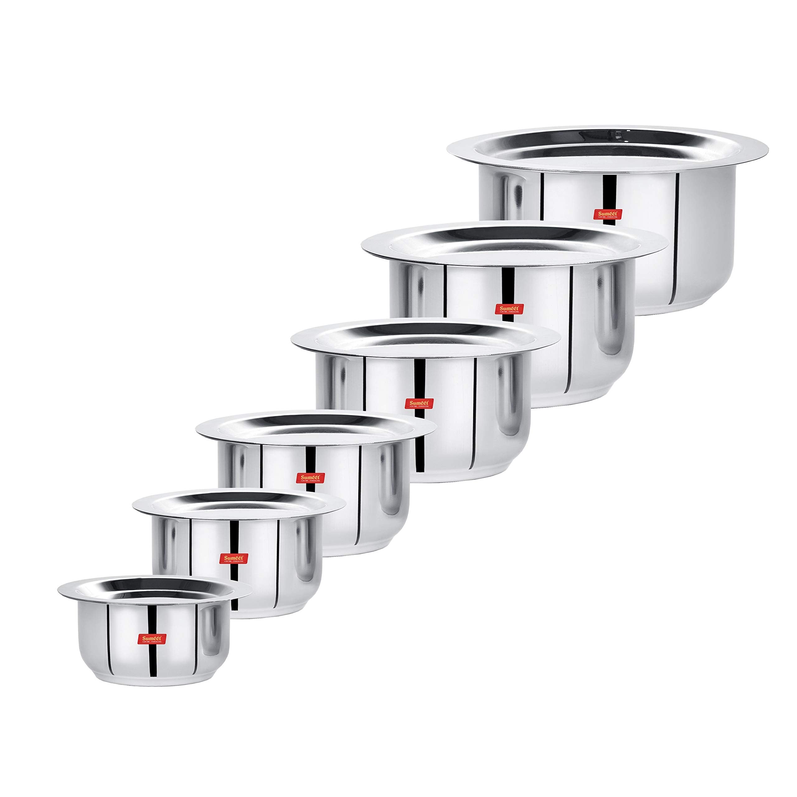 Sumeet Stainless Steel Tope/Patila/Cookware With Lids, 370Ml, 550Ml, 800Ml, 1100Ml,1400Ml, 1800Ml, 6 Piece (Steel)