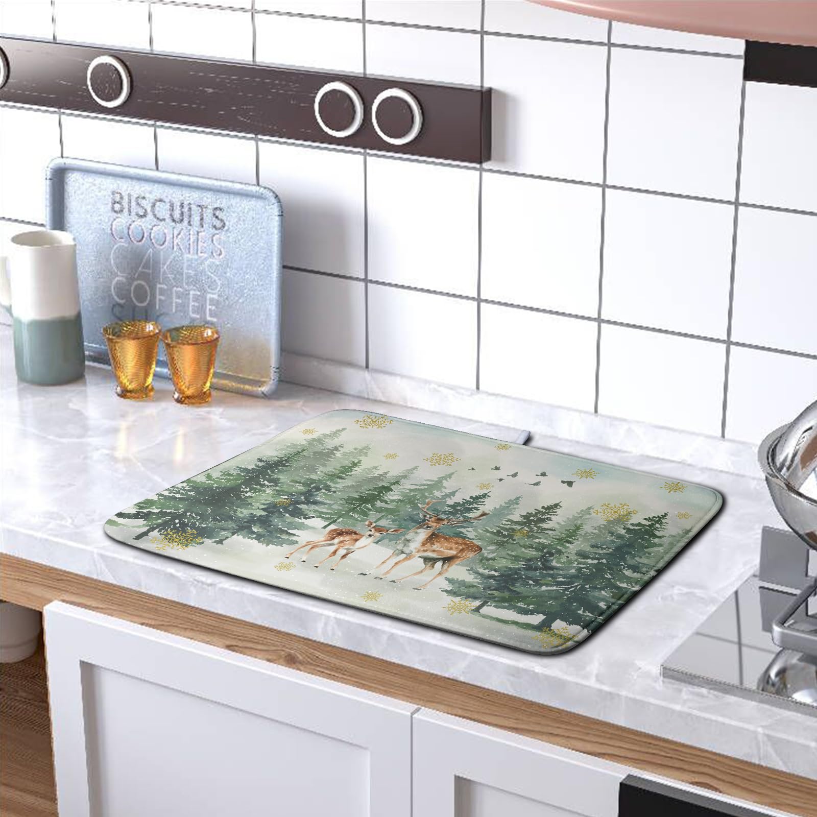 Kwlegh Reindeer Tree Snowflakes Christmas Dish Drying Mats for Kitchen Counter 18x24 Inch Winter Forest Dish Drainer Mats Absorb