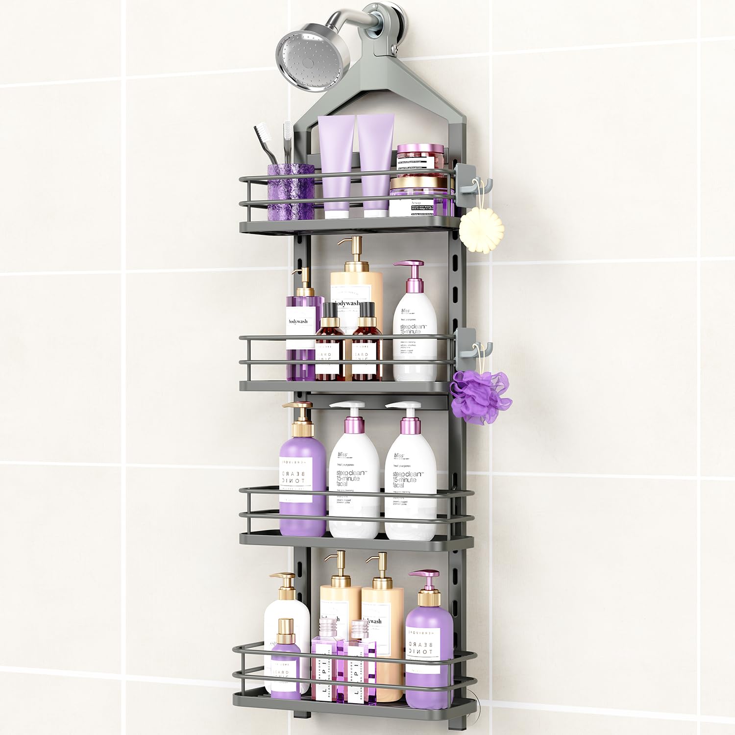 ODesign 4 Tier Height-Adjustable Shower Caddy Hanging Anti-Swing-Over The Shower Head Caddy-Showers Storage Organizer Bathroom S