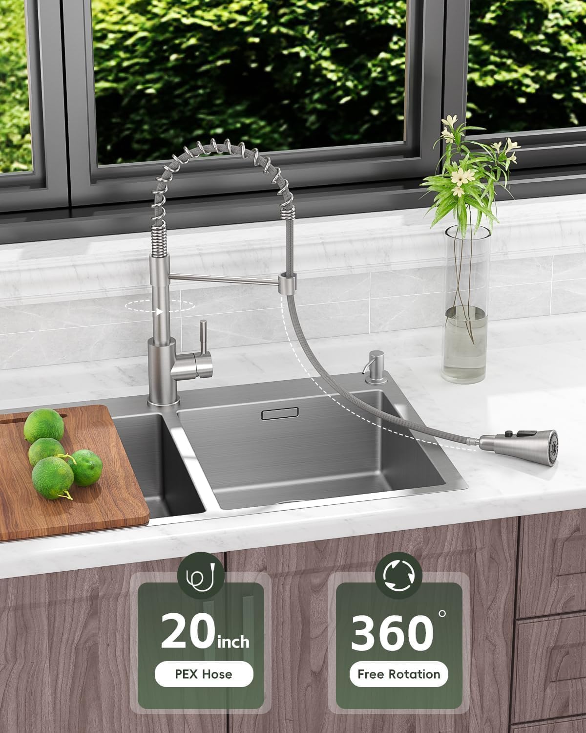 APPASO Commercial Kitchen Faucet Pull Down Sprayer with Soap Dispenser - Stainless Steel Brushed Nickel High Arc Tall Modern Single Handle Spring Kitchen Sink Faucet with Pull Out Spray