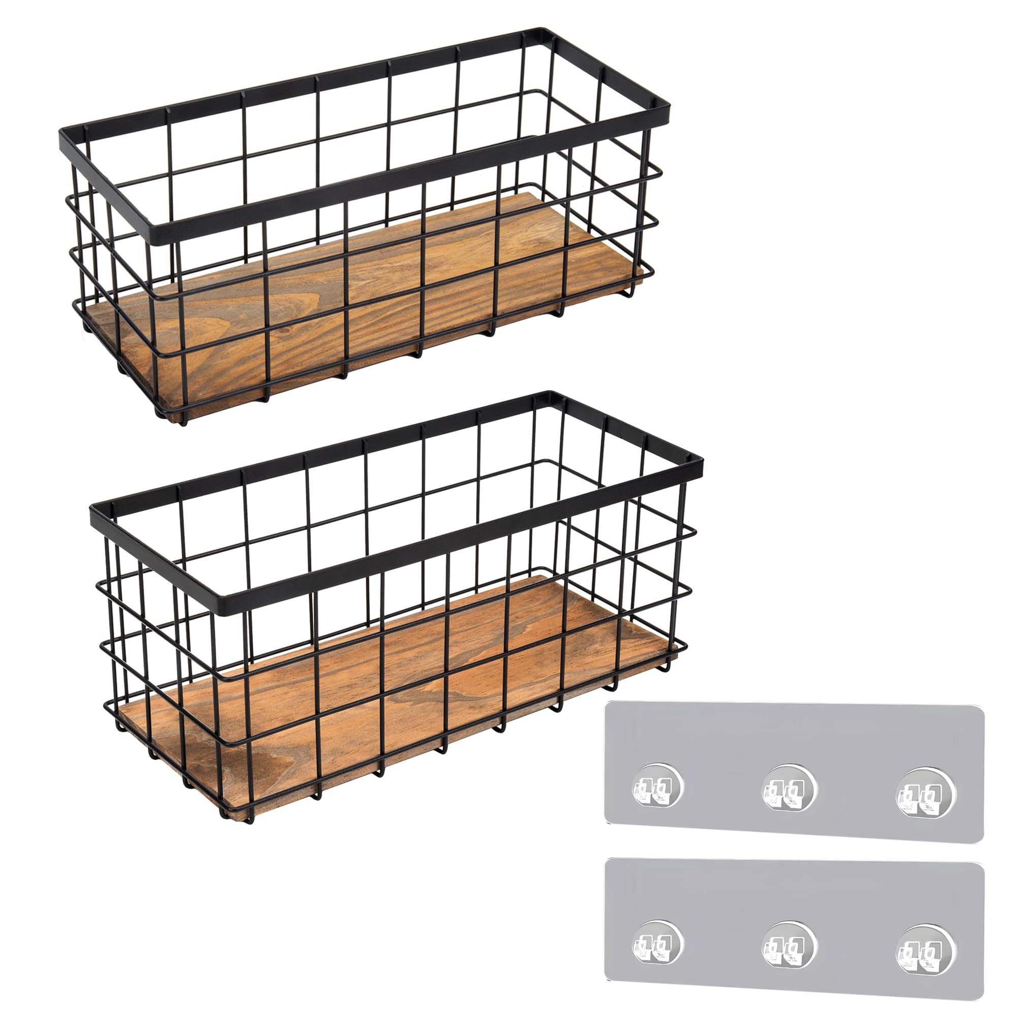 TIEYIPIN Black Metal Wire Storage Baskets with Wood Bottoms, Bathroom Storage Organizer Basket Bins, Set of 2  Includes 2 Bonus