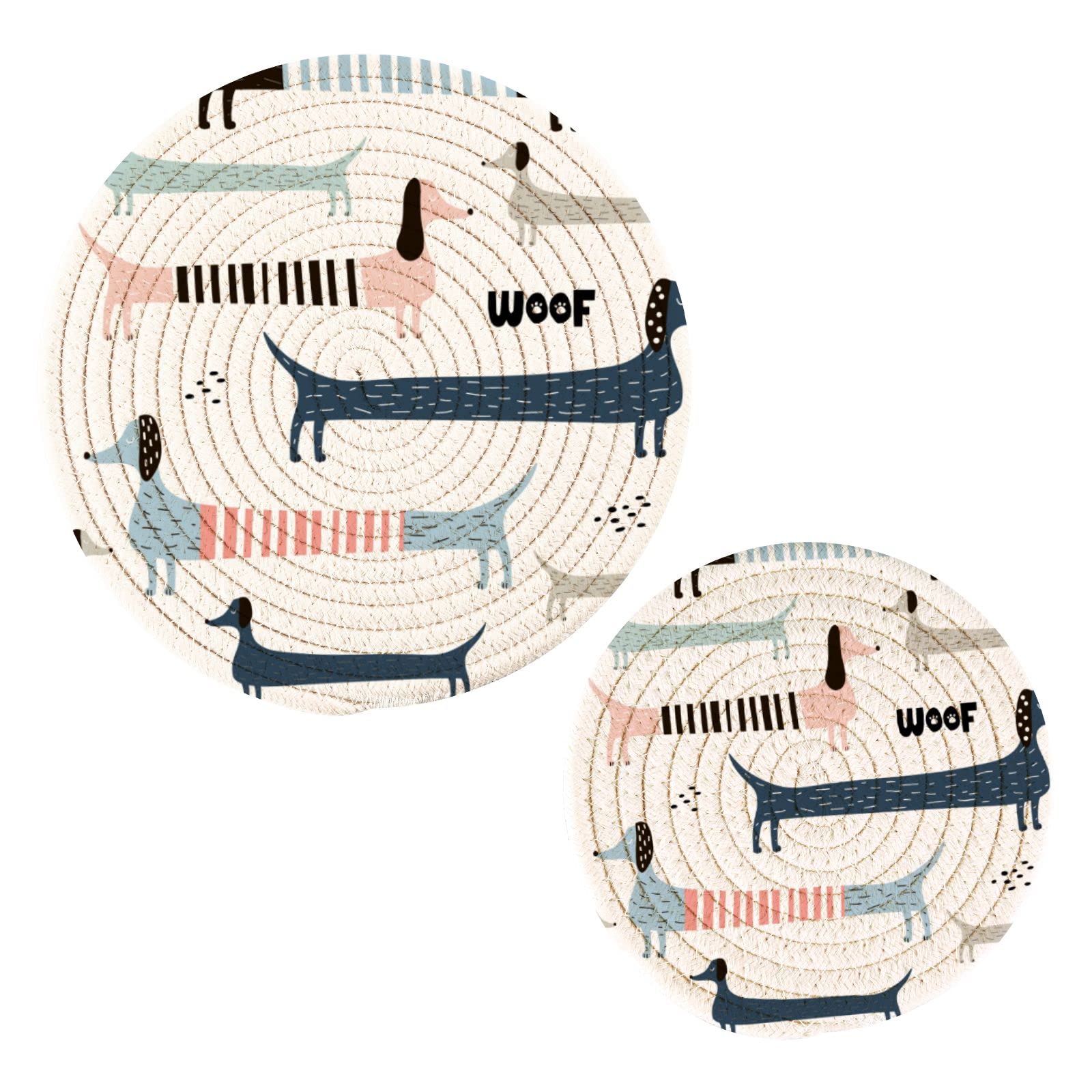 Kigai Cute Navy Blue Dachshund Pot Holders Trivets Set 2 Pcs,Round 100% Cotton Braided Hot Pads For Hot Dishes Hot Pots And Pans