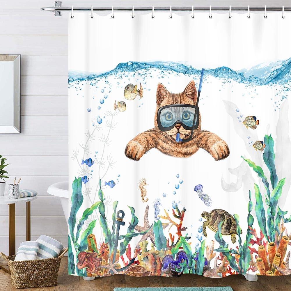 Uokiuki Funny Cat Fabric Shower Curtain, Cool Scuba Diving Cat Shower Curtain For Bathroom, Tropical Fish Coral Underwater Sea O