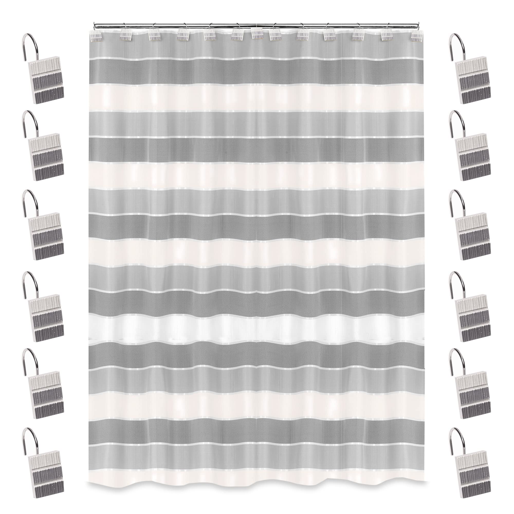 Zahari Home 13Pc Modern Line Shower Curtain Sets Gray Shower Curtain & 12 Shower Curtain Hooks Luxury Contemporary Modern Shower