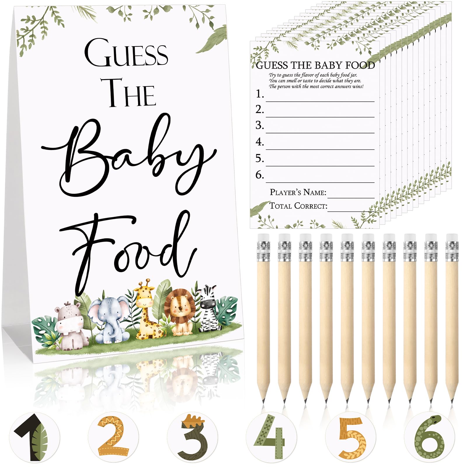 67 Pcs Guess the Baby Food Game Safari Jungle Animals Baby Shower Games Set 1 Standing Sign 50 Answer Cards 10 Pencils 6 Number 