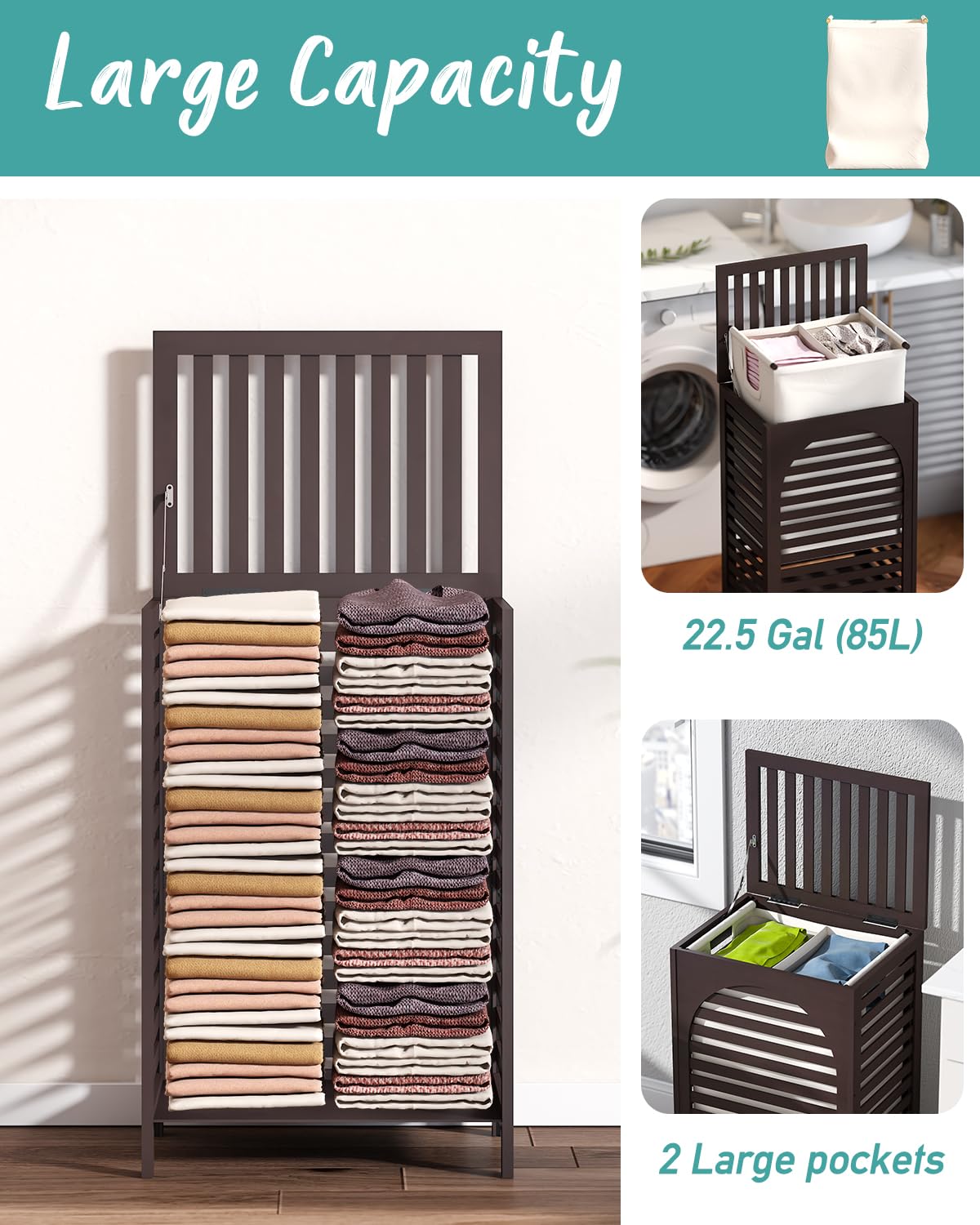 Laundry Hamper With Lid, 22.5 Gallon (85L) Bamboo Wood Clothes Laundry Basket With Lid And Handles, Removable Liner (Brown)