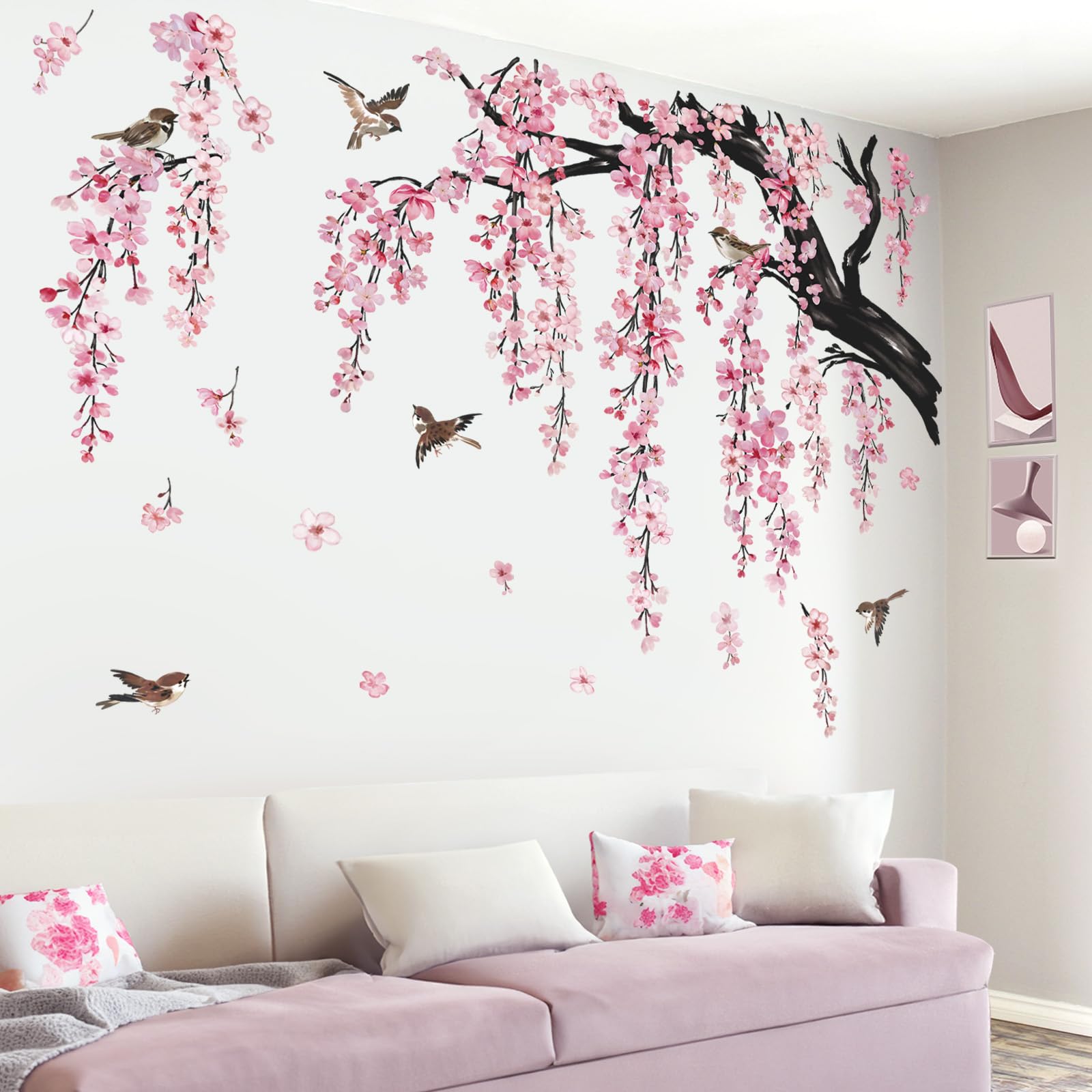 Wondever Large Flower Tree Branch Wall Stickers Pink Cherry Blossom Floral Birds Wall Art Decals For Living Room Bedroom Tv Wall