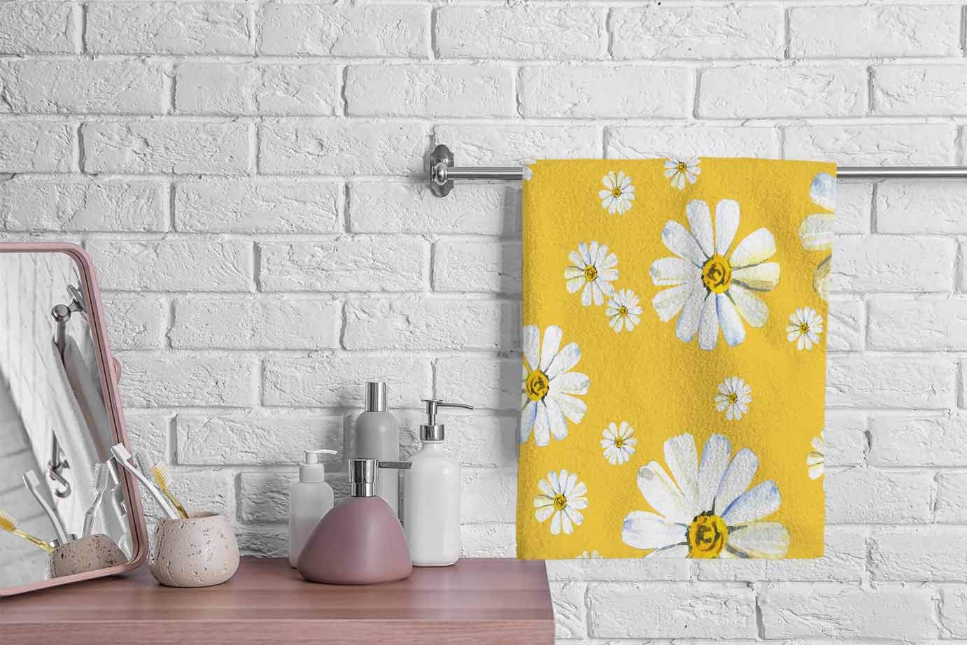 Ofloral White Daisy Chamomile Flower Hand Towels Cotton Washcloths,Watercolor Yellow Floral Garden Botanical Plant Soft Towels F