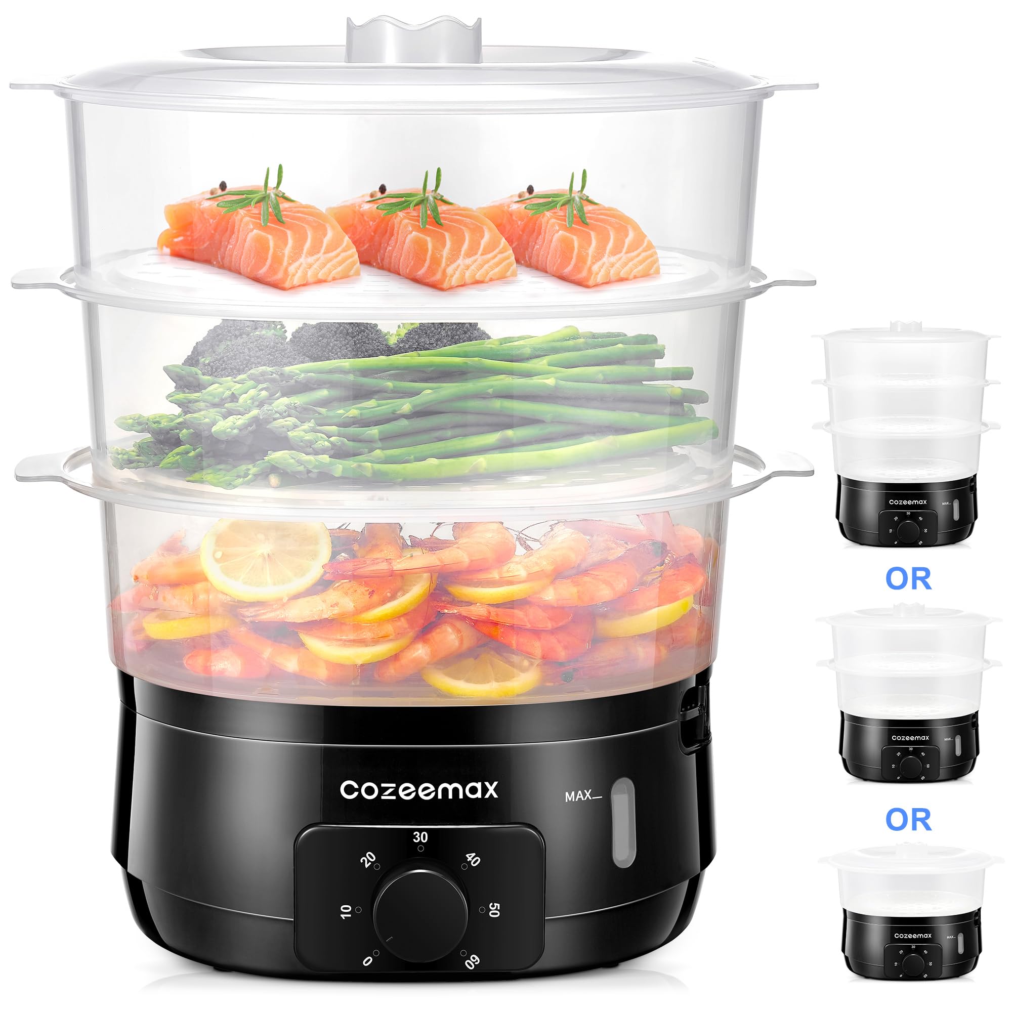 Cozeemax 3 Tier Electric Food Steamer for Cooking, 13.7QT Vegetable Steamer for Fast Simultaneous Cooking, Veggie Steamer, Food 