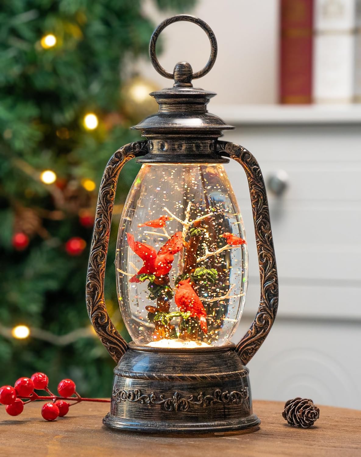 12'' Lighted Cardinals Snow Globe Lantern, Music Water Lantern with Swirling Glitter Decoration for Christmas Home, Living Room,