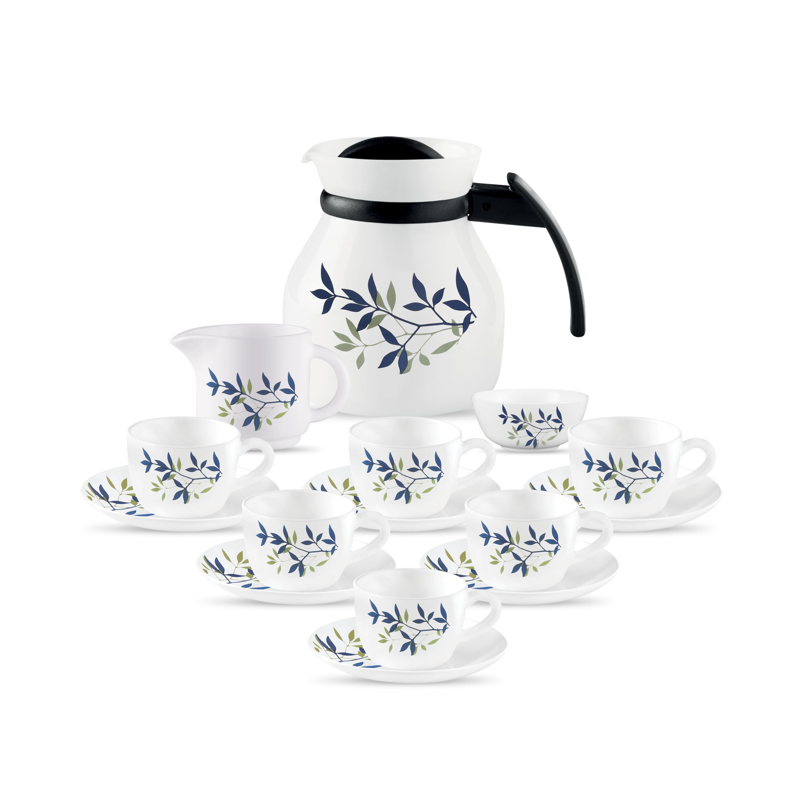 La Opala Novo Collection Opal Glass Crockery | Tea Set 15 Pcs | Cup & Saucer With Tea Pot, Milk Pot & Sugar Bowl, Silken Charm |