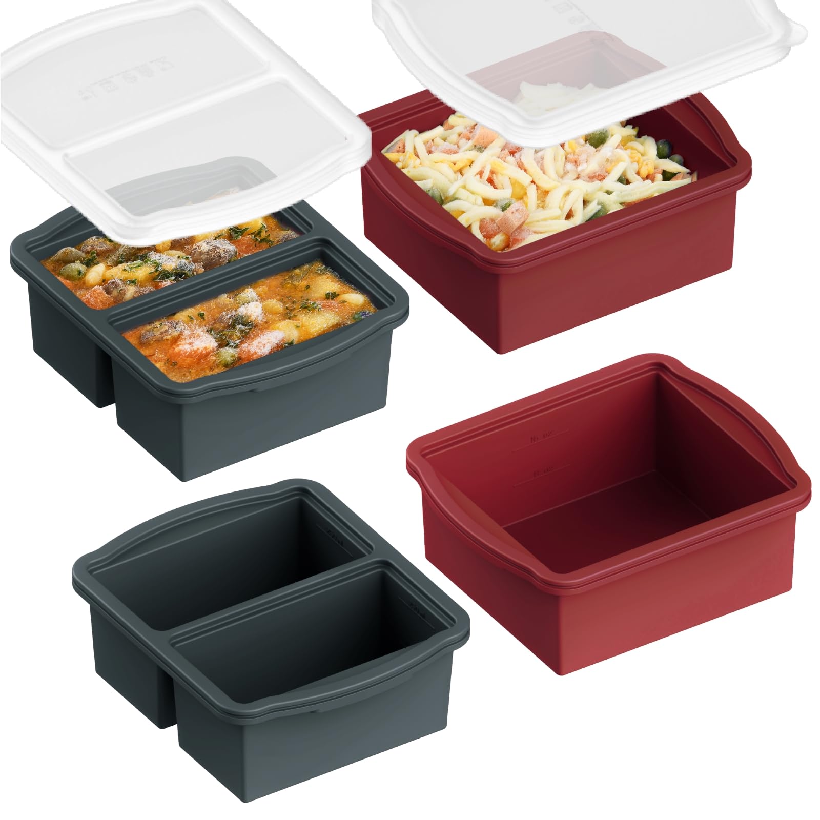 ZIP STANDING Silicone Freezer Trays with Lids, Set of 4 - with 1cup and 2 cup Silicone Freezer Molds for freezing soups, sauces 