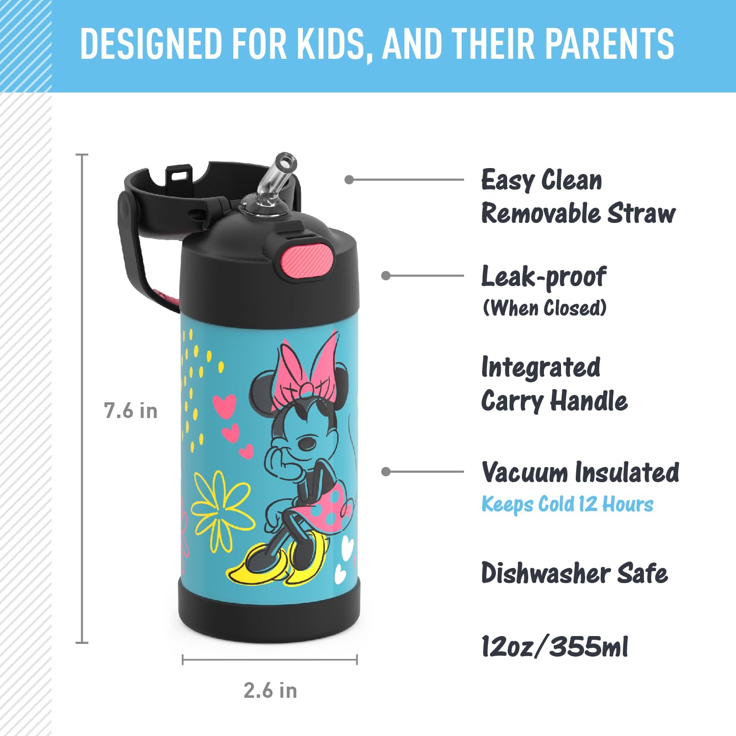 Thermos Funtainer Water Bottle With Straw - 12 Ounce - Kids Stainless Steel Vacuum Insulated Water Bottle With Lid, Minnie Mouse