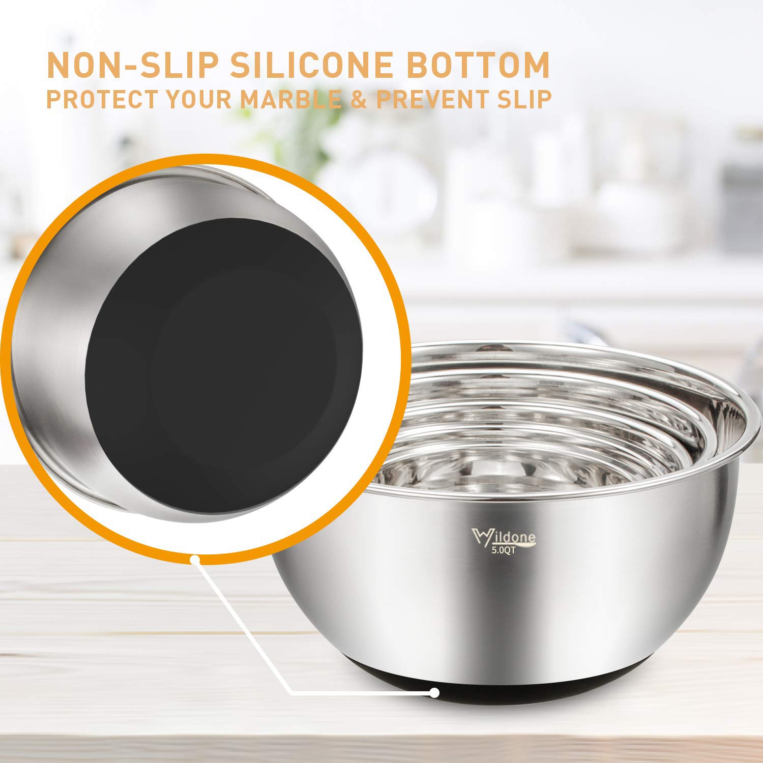 Wildone Stainless Steel Mixing Bowls Set, 5PCS with Airtight Lids & Grater Attachments, Nesting Bowls for Kitchen, Black, Model ZH06
