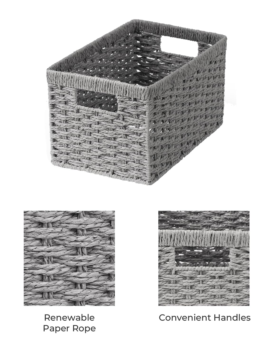 Storageworks Round Paper Rope Storage Baskets, Rectangular Wicker Baskets With Built-In Handles, Gray, 2-Pack