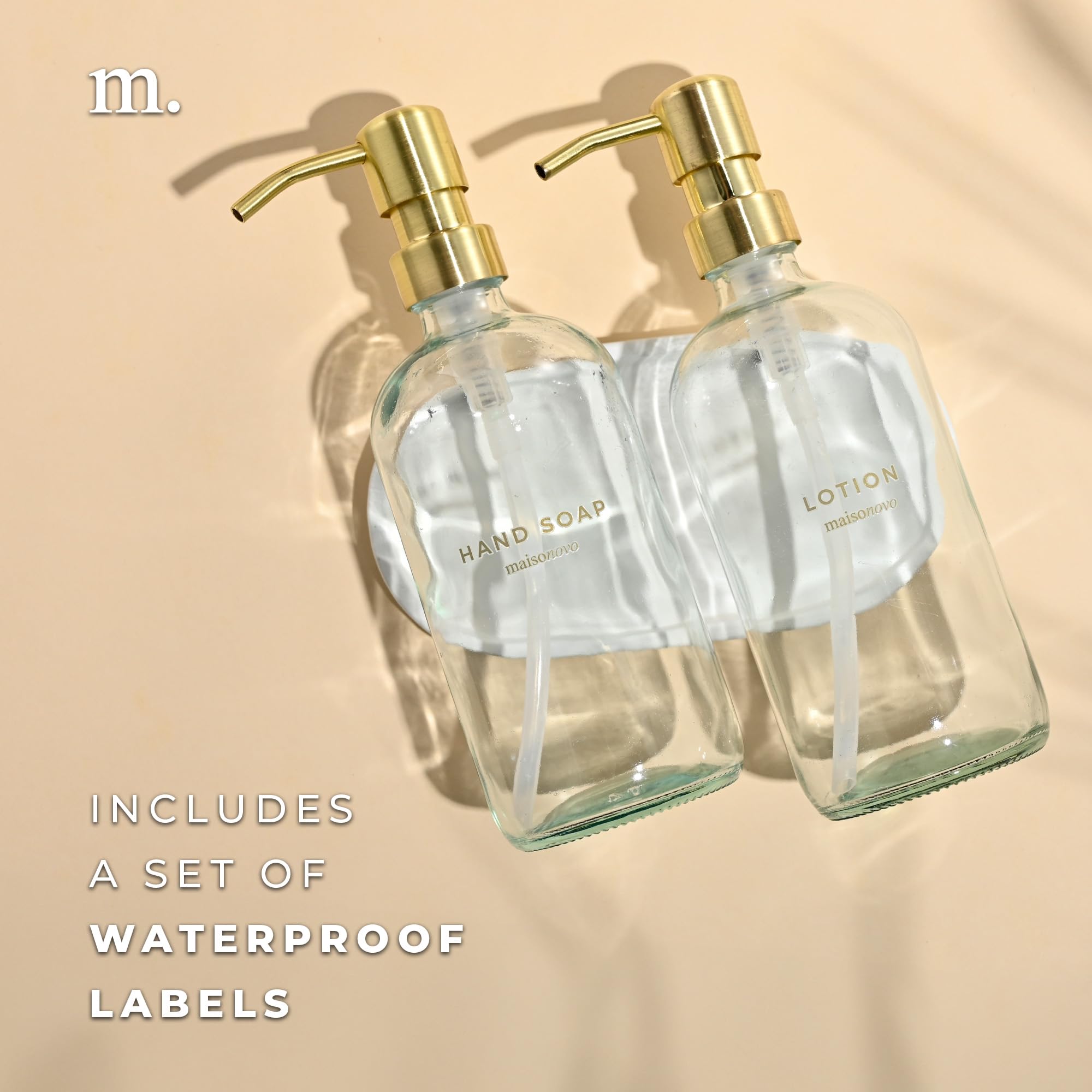 Maisonovo Hand Soap And Lotion Dispenser Set - 16.9 Fl Oz Clear Soap Dispenser Glass With Gold Pump Set Of 2 And Oval Concrete T