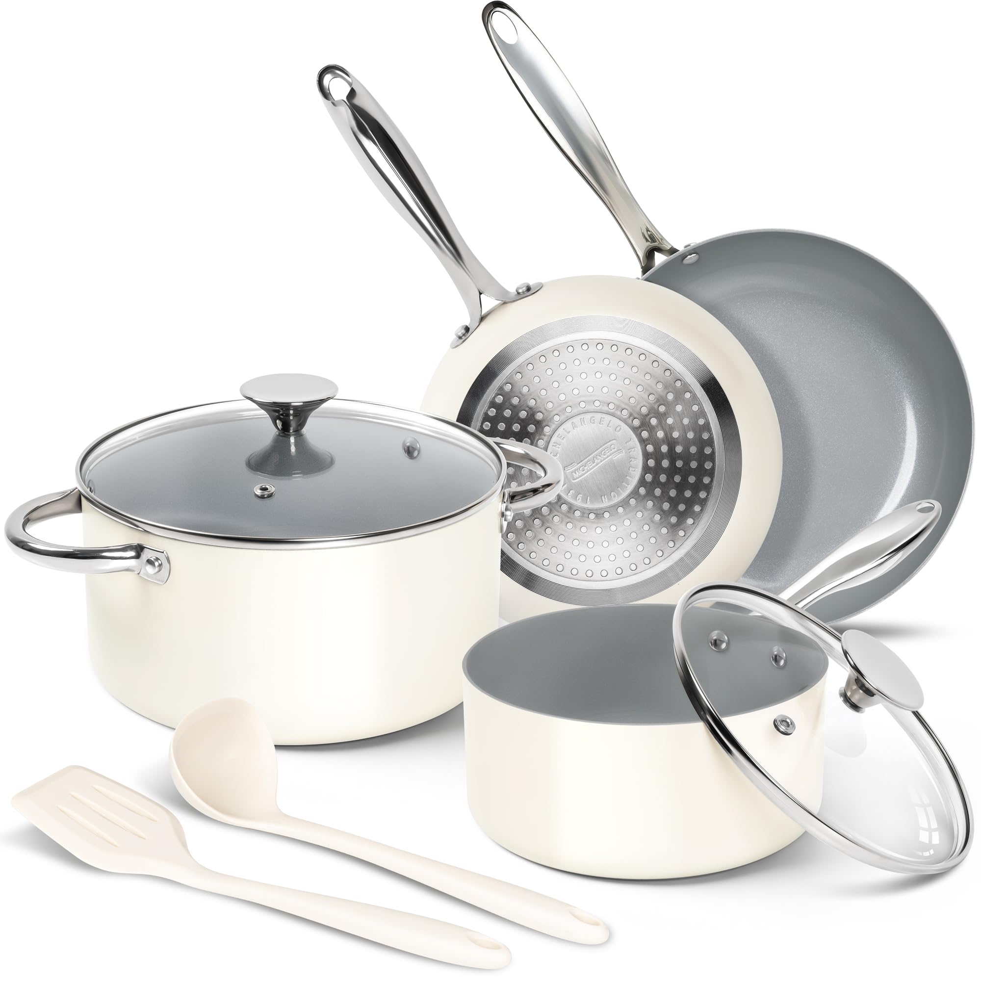 MICHELANGELO Pots and Pans Set Non Stick 8 Piece Ceramic Cookware Set Cream