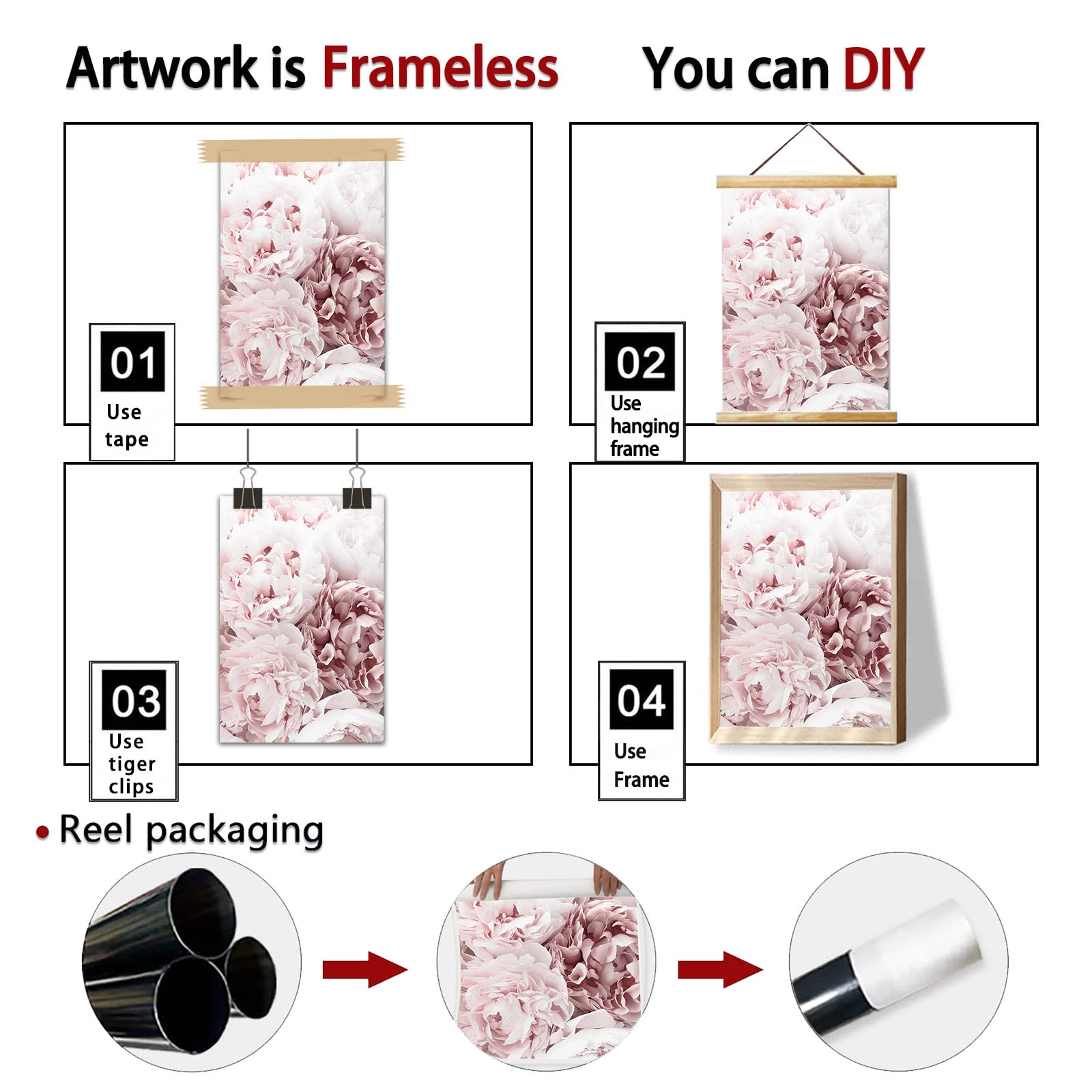 Backymrjcart Modern Flower Art Prints Pink Peony Poster Light Pink Rose Wall Art Peony Roses Art Canvas Painting Girls Bedroom D