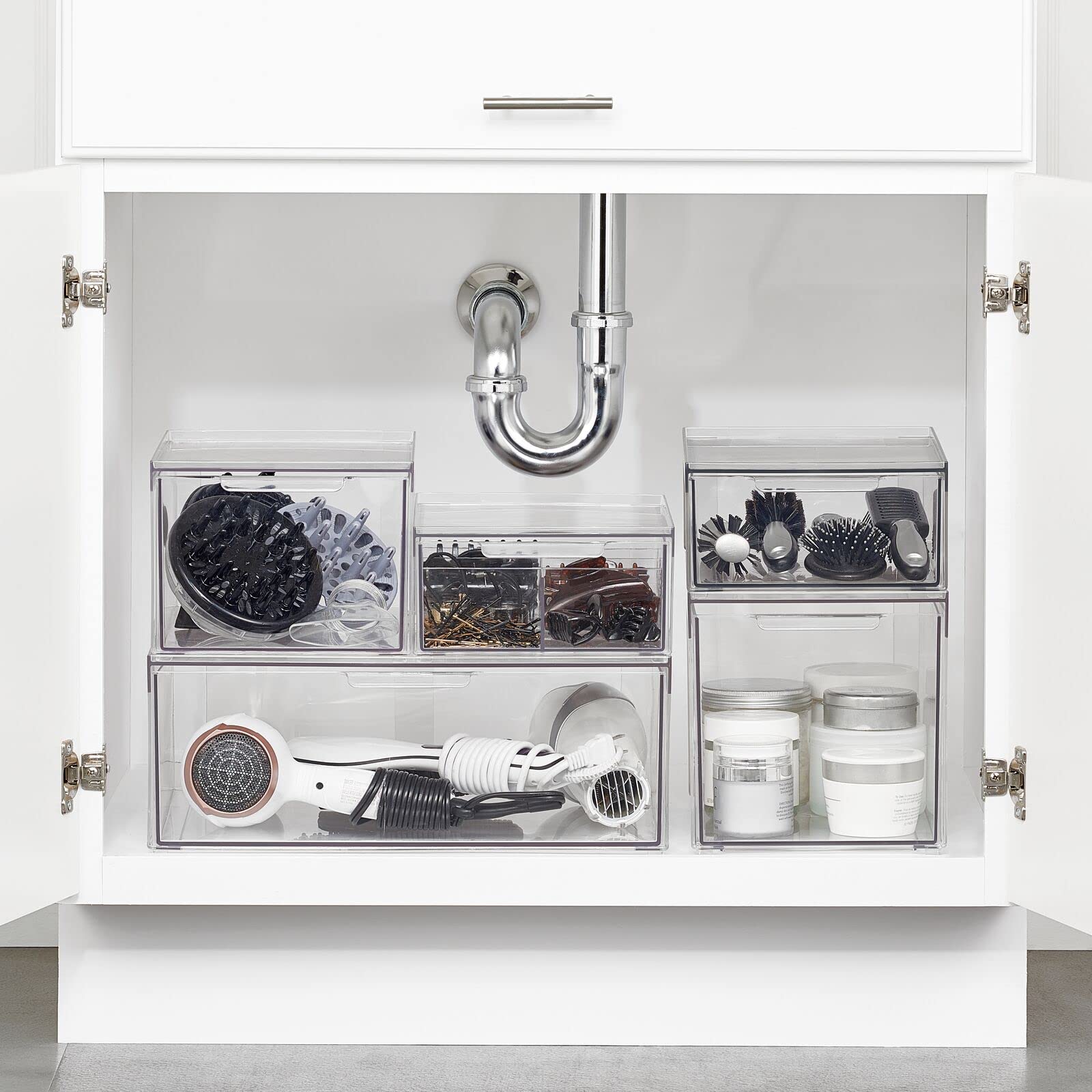 mDesign Plastic Stackable Bathroom Storage with Pull Out Bin Organizer Drawer for Cabinet  Vanity  Shelf  Cupboard  Cabinet  or Closet Organization - Lumiere Collection - 2 Pack - Clear