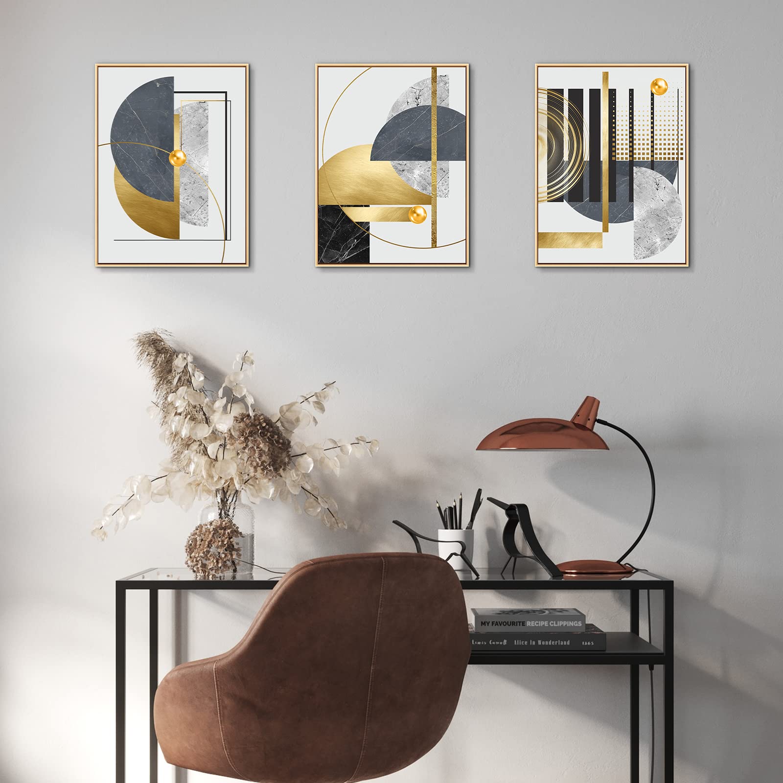 3Pcs Gold Canvas Wall Art Decor  Nordic Luxury Geometric Abstract Grey Black and Gold Framed Painting Poster Print for Living Room  Marble Wall Painting for Bedroom Dining Room 12x16 inch
