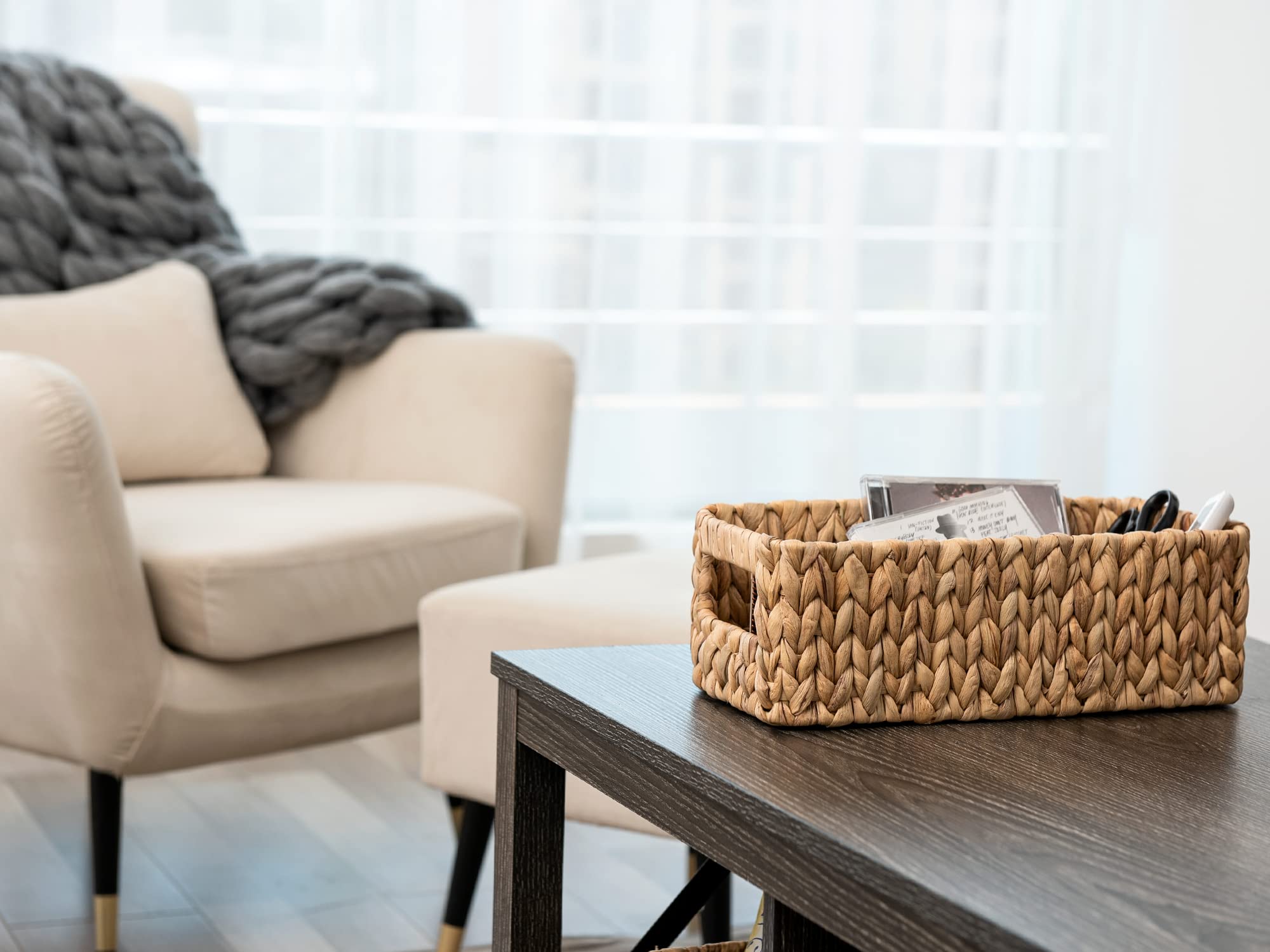 StorageWorks Water Hyacinth Storage Baskets  Square Wicker Baskets with Built-in Handles  Hand-Woven Baskets for Bedroom  Bathroom  Pantry  Shelves  Set of 3 (1PC Large  2PCS Medium)